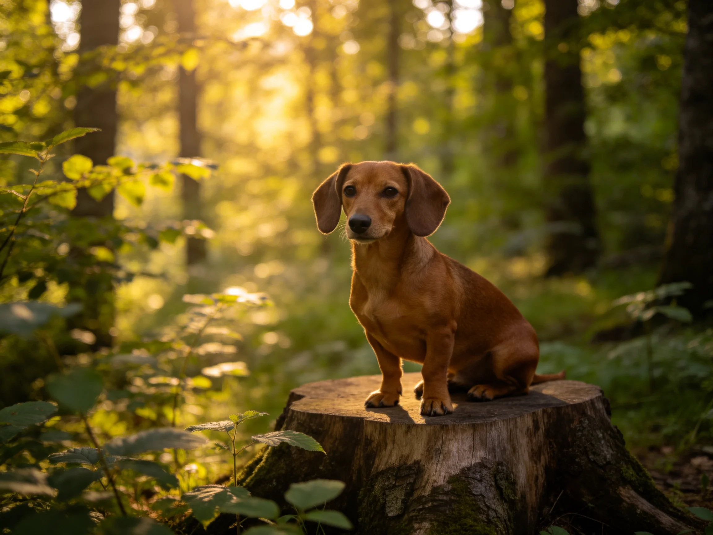 A brown dachshund perched on a moss-covered tree stump in sun-dappled woodland