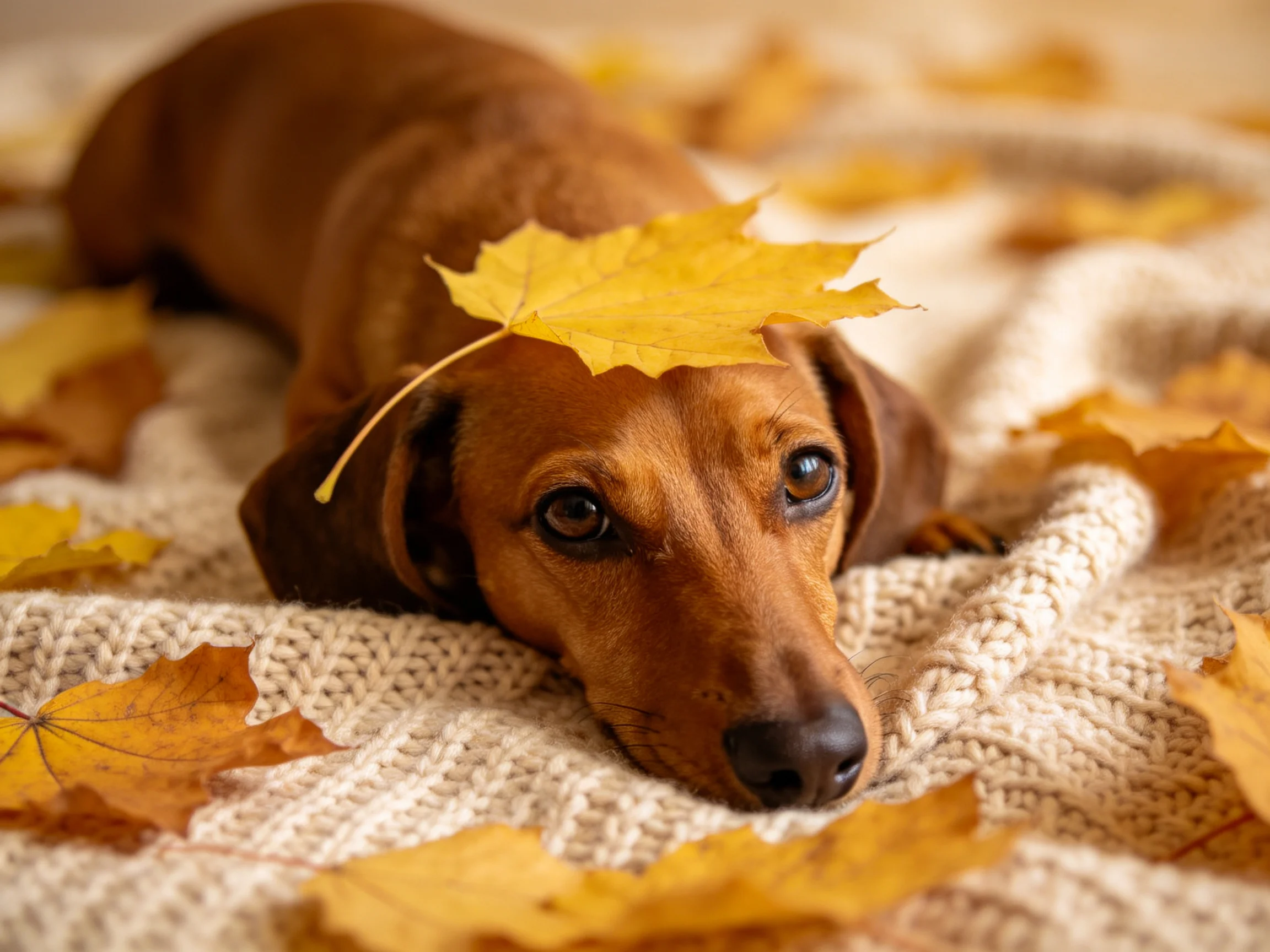 A brown dachshund rests on a cream blanket amid golden autumn leaves