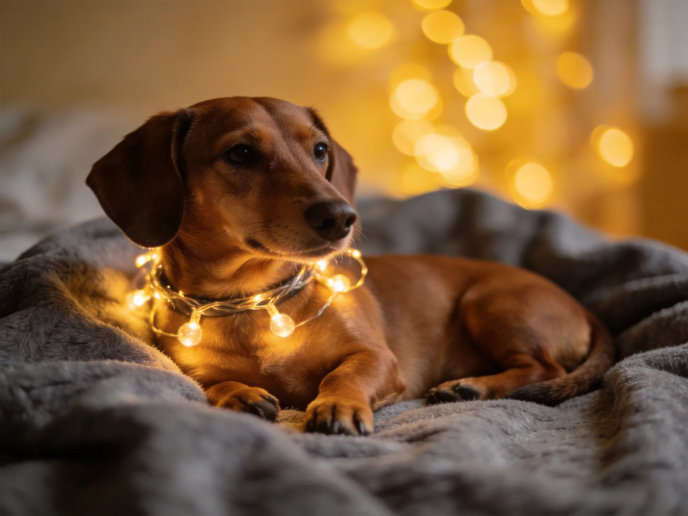 A brown dachshund relaxes on a gray blanket amid warm string lights.