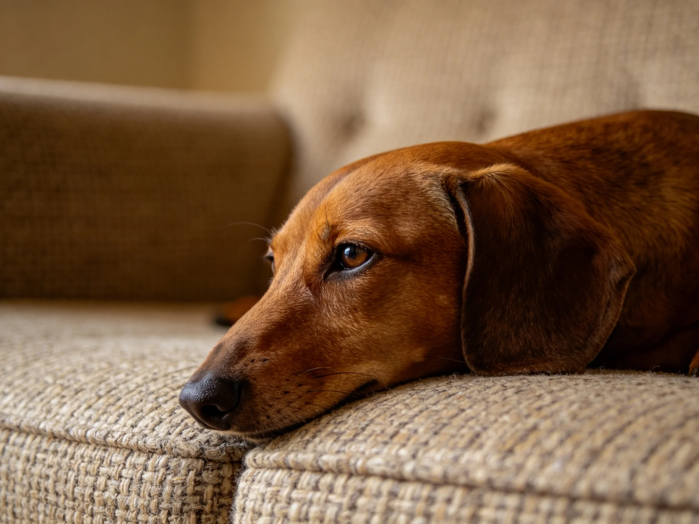A brown dachshund rests on a textured beige sofa