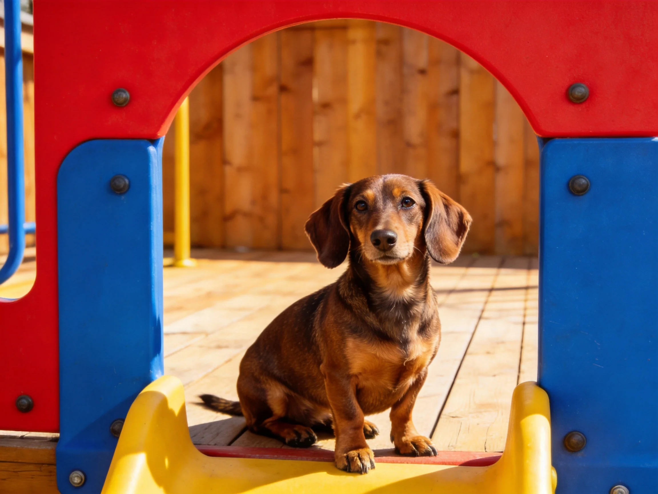 A brown dachshund sits on a colorful playground slide near a wooden fence