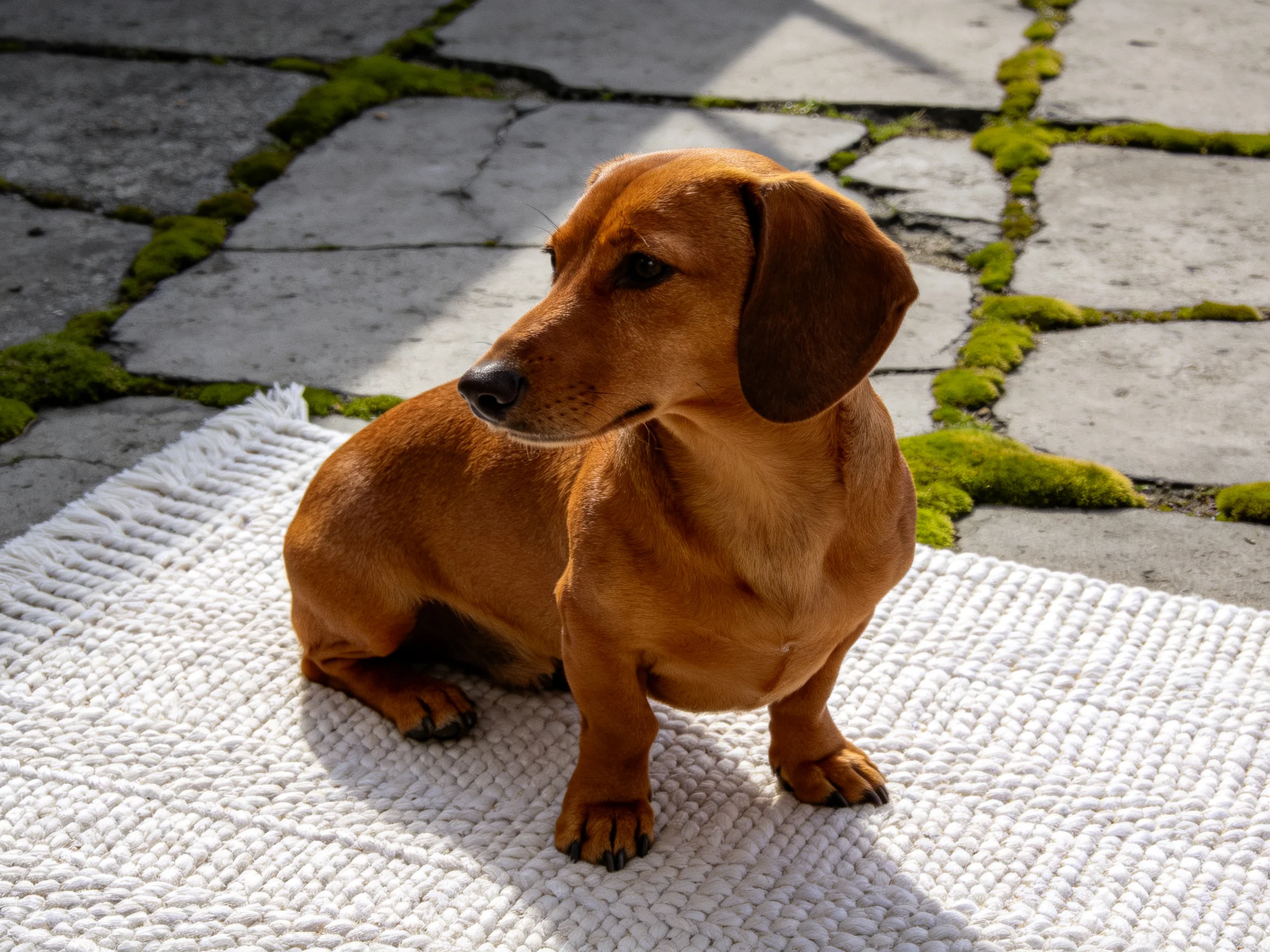 A brown dachshund sits on a white rug near mossy stone pavement