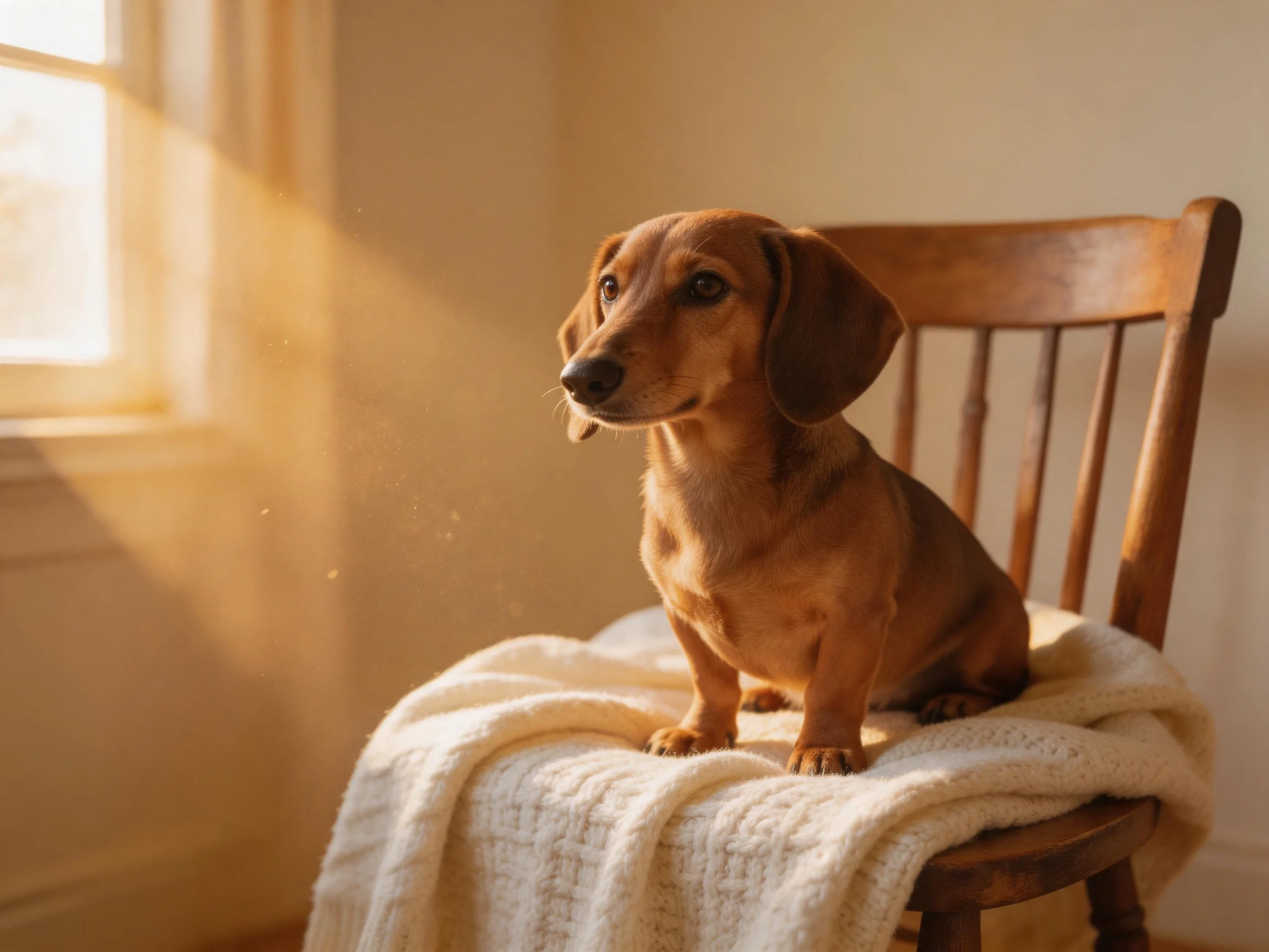 A brown dachshund sits calmly on a wooden chair with a cream blanket in a sunlit room.
