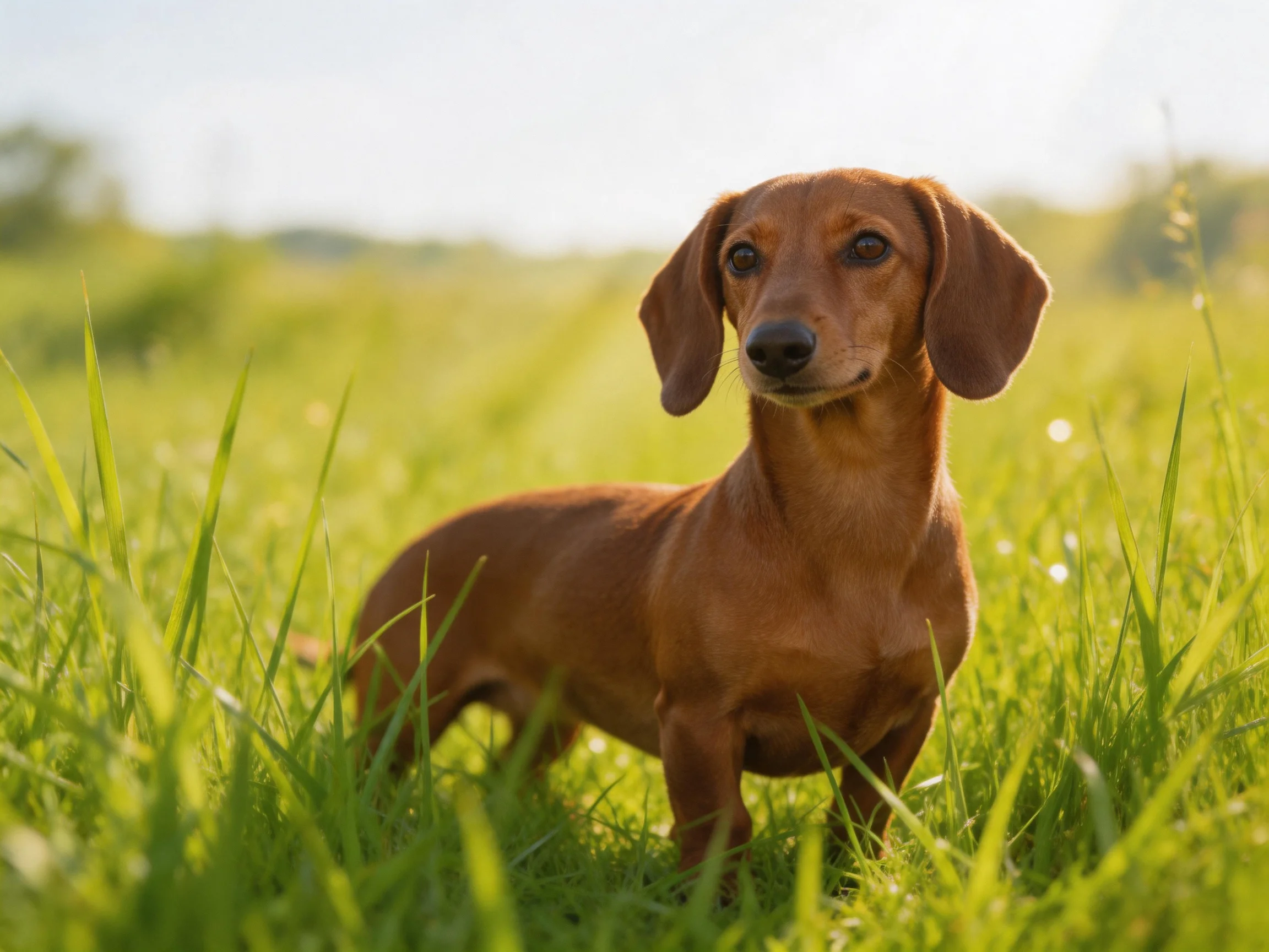 A brown dachshund stands in a sunlit field of tall green grass.