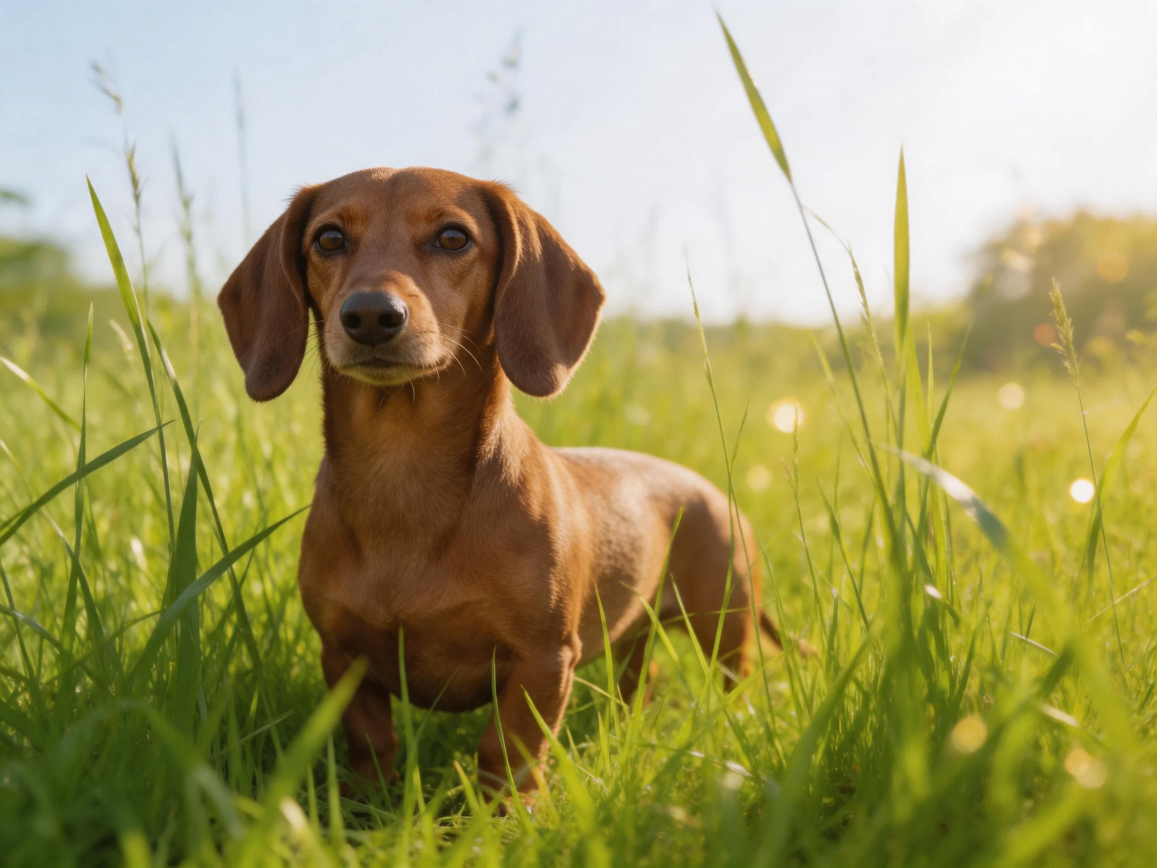 A brown dachshund stands in tall sunlit green grass