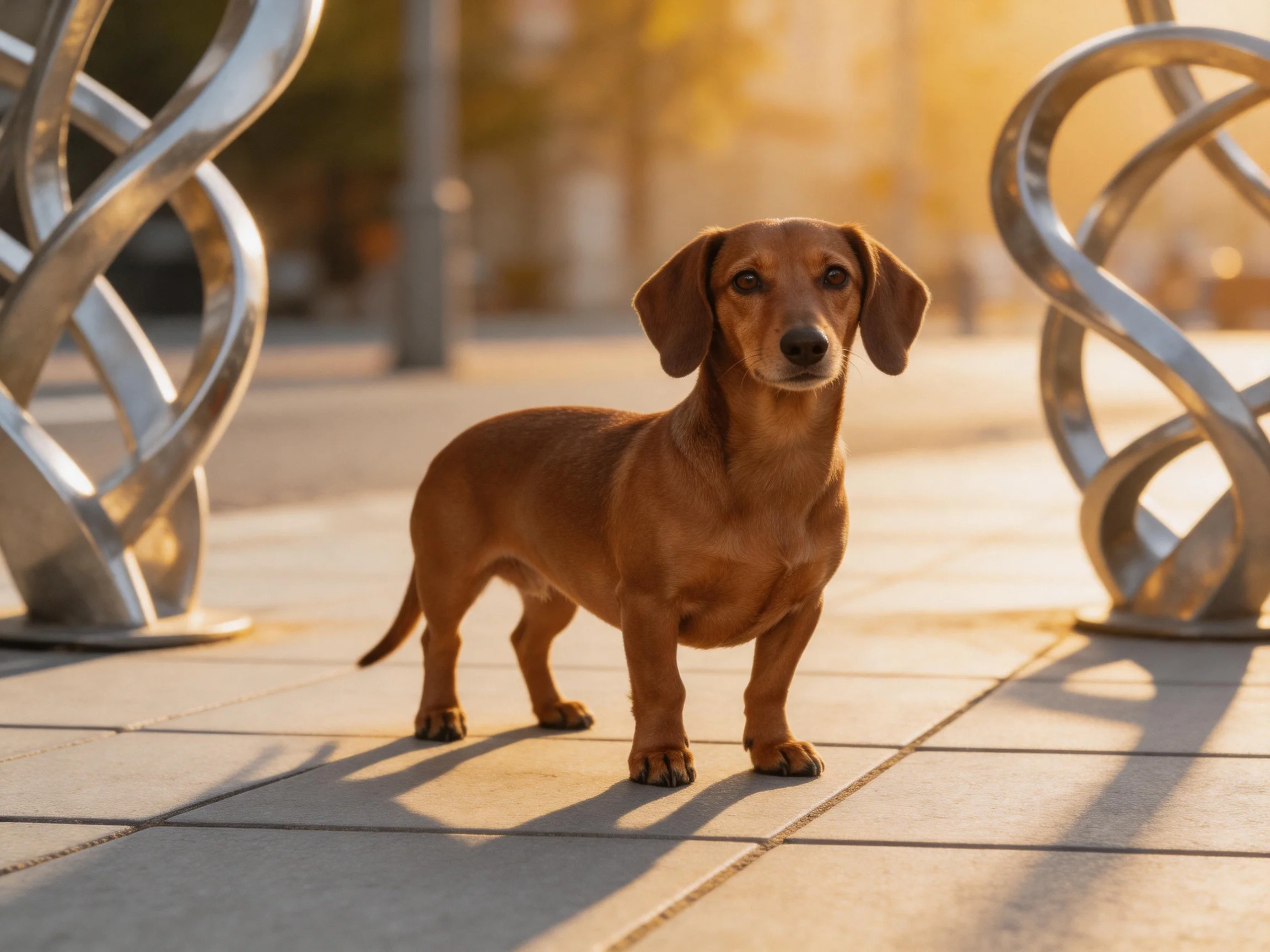 A brown dachshund stands near twisted silver sculptures in warm sunlight
