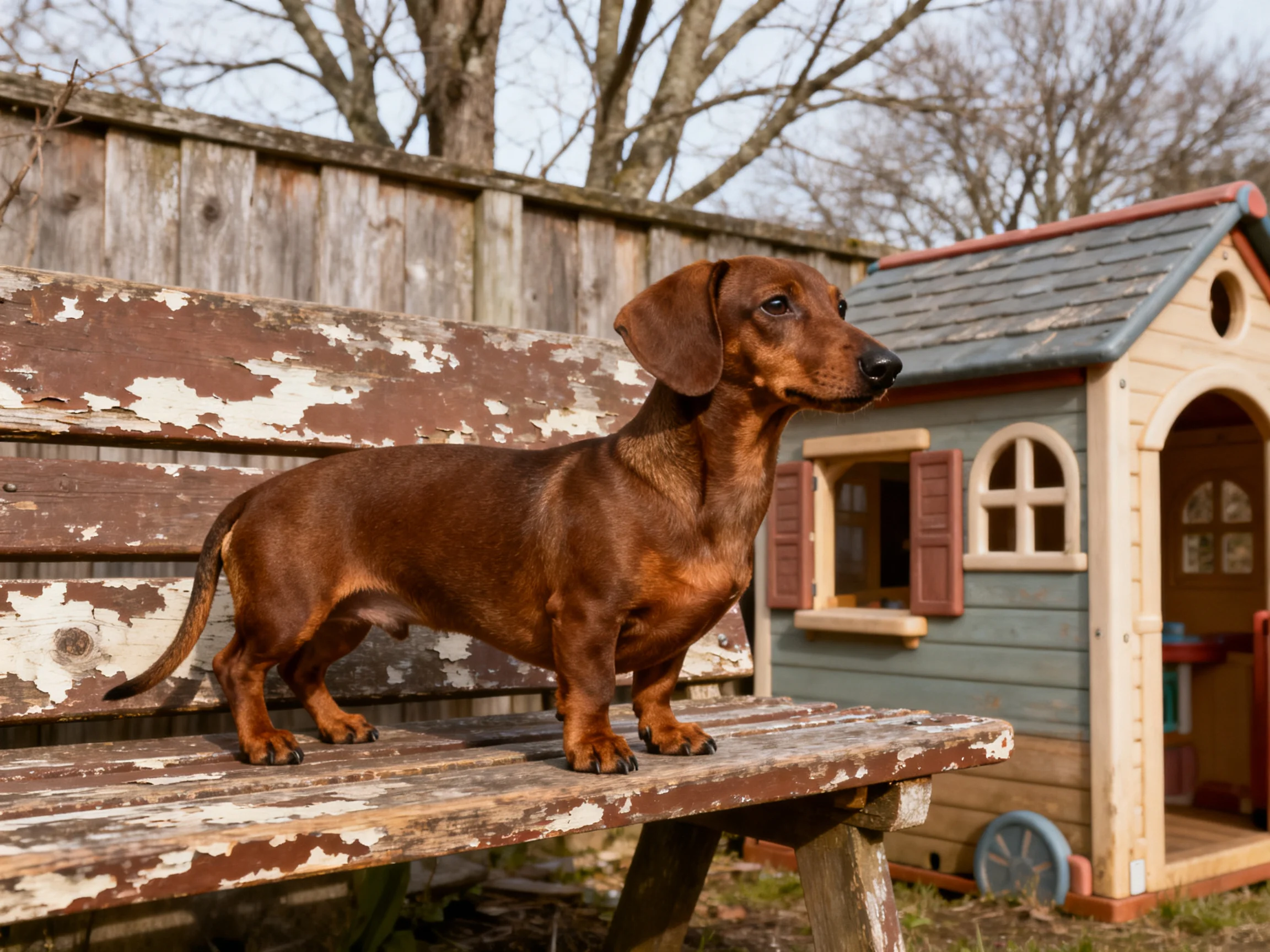 A brown dachshund stands on a weathered bench near a small playhouse
