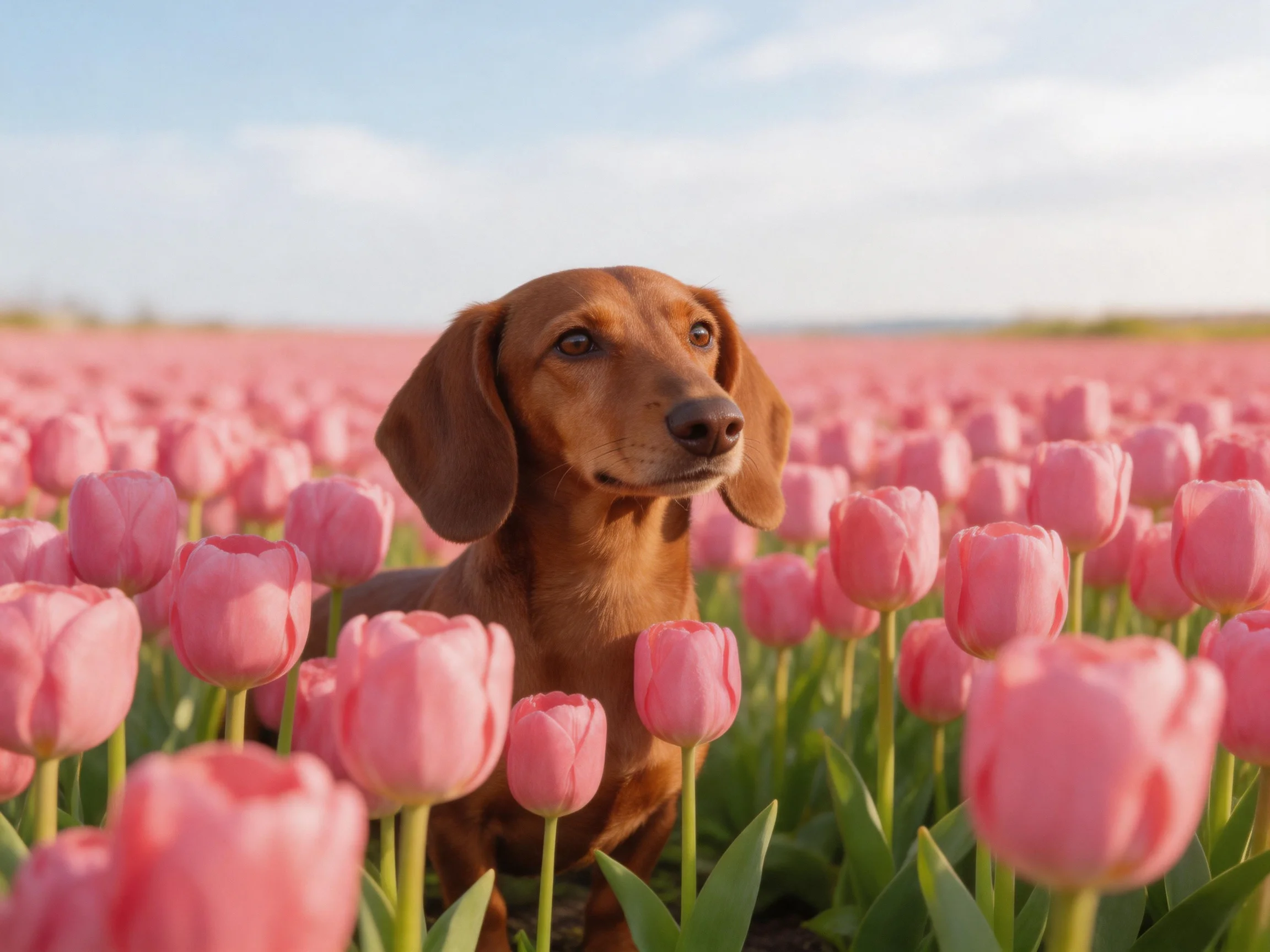 A brown dachshund surrounded by a sea of pink tulips