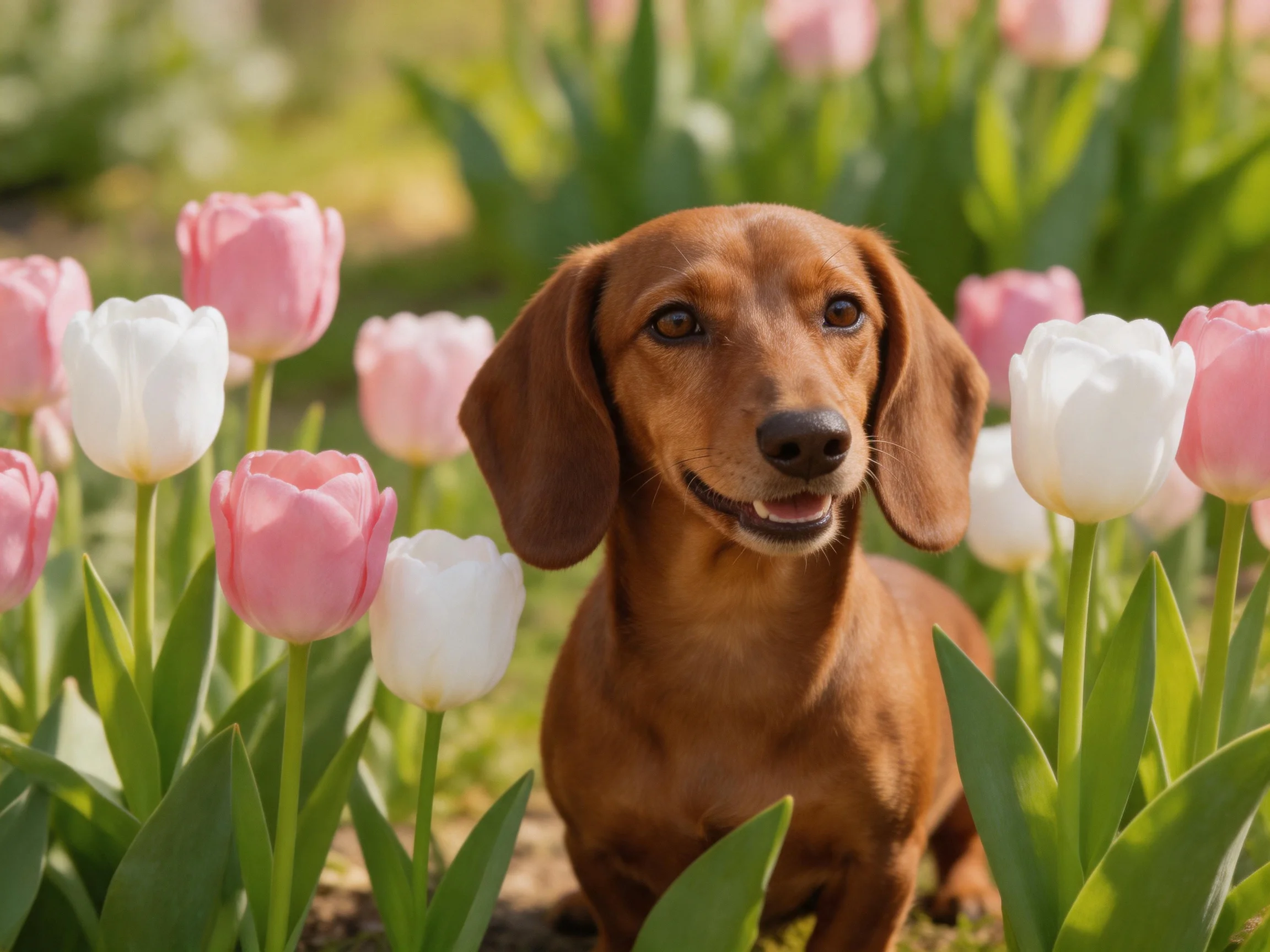 A brown dachshund surrounded by pink and white tulip blooms