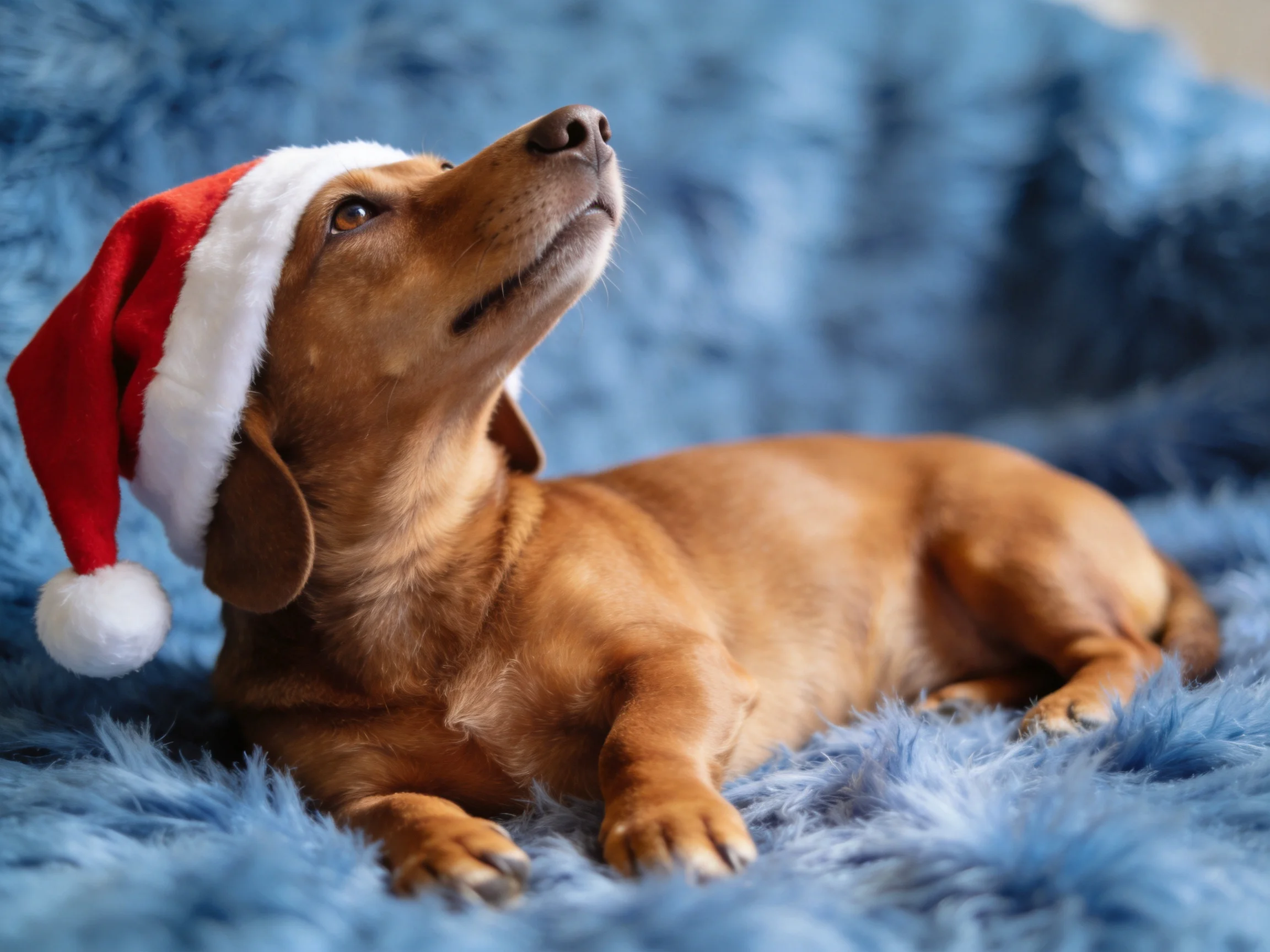 A brown dachshund wearing a red Santa hat lies on a blue furry blanket