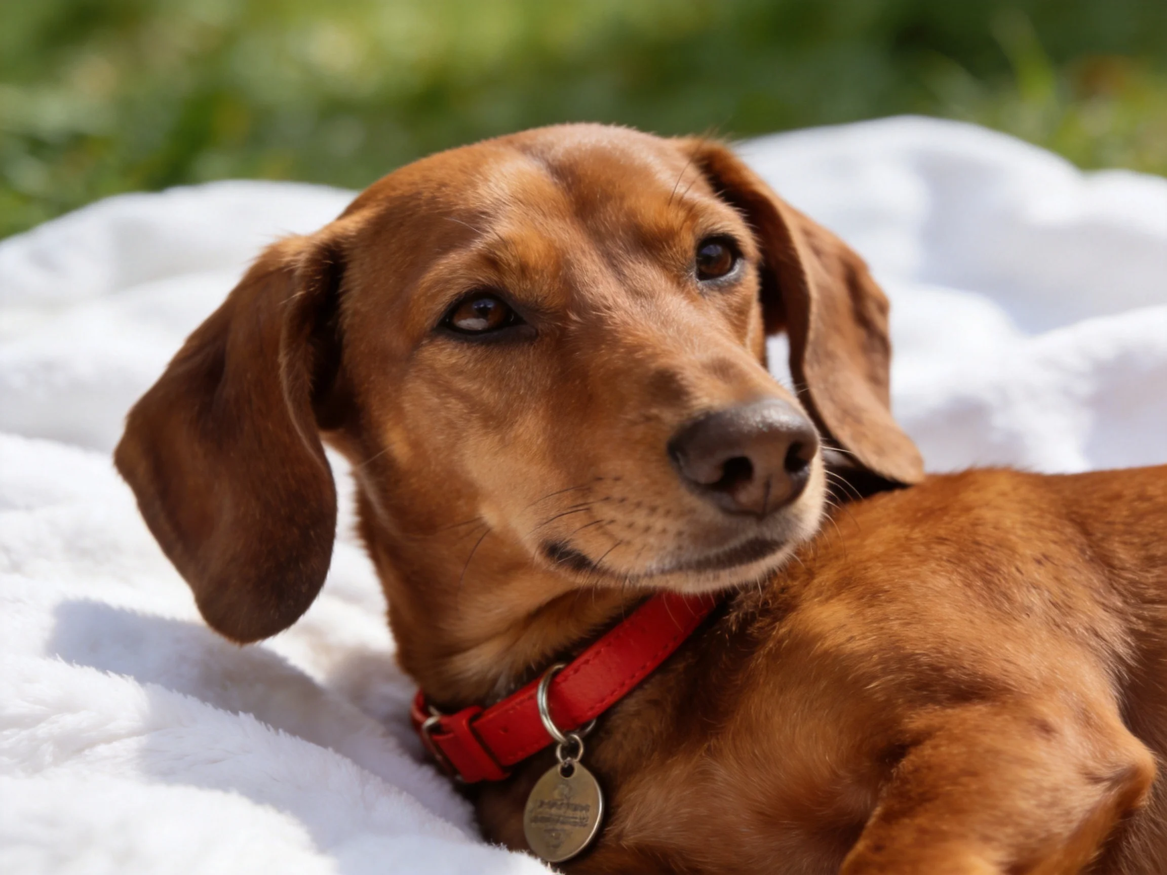 A brown dachshund wearing a red collar rests on a white blanket outdoors.