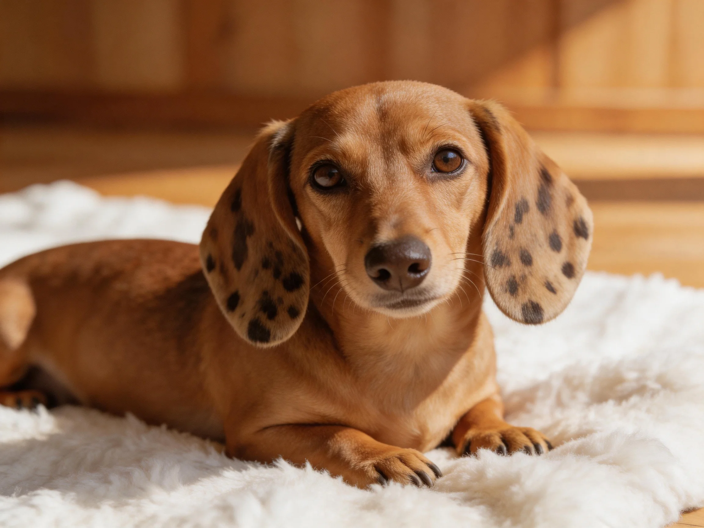 A brown dachshund with spotted ears rests on a fluffy white rug