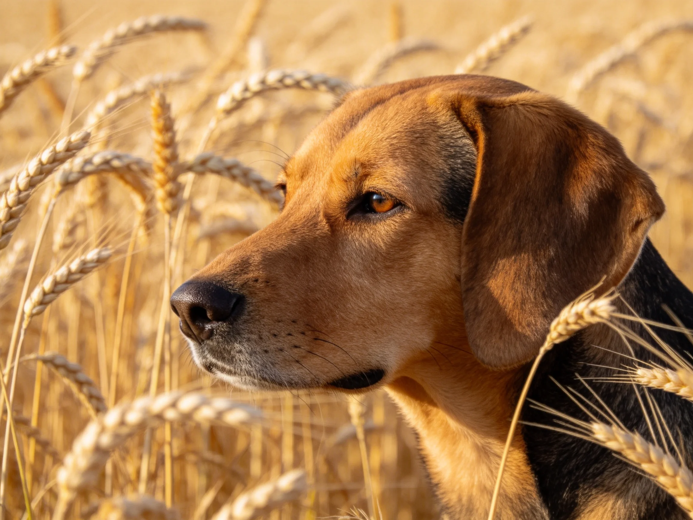 A brown dog amidst golden wheat stalks in a sunlitrenched field