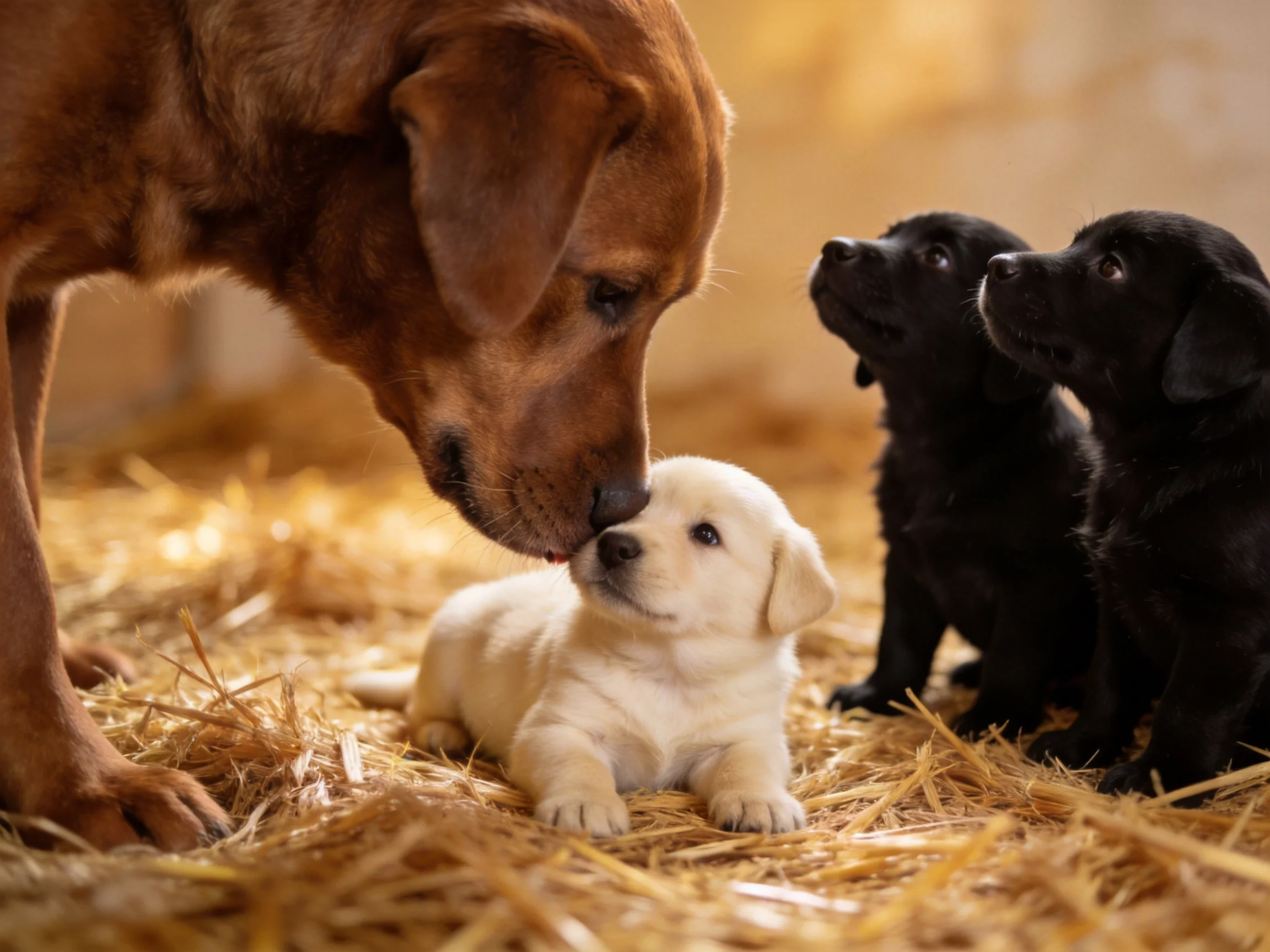 A brown dog and three puppies on golden straw bedding