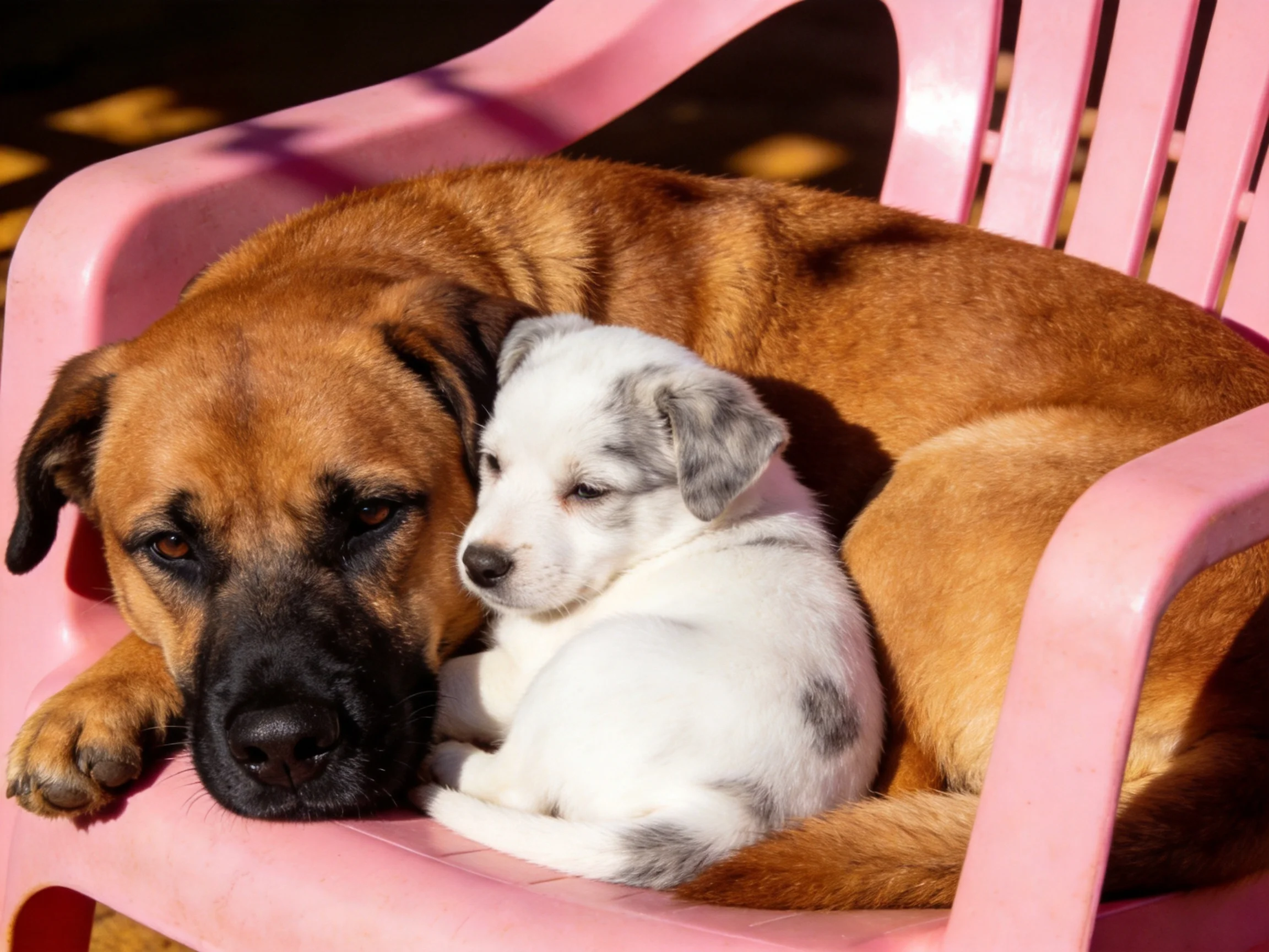 A large brown dog and small white puppy cuddle on a pink chair outdoors.