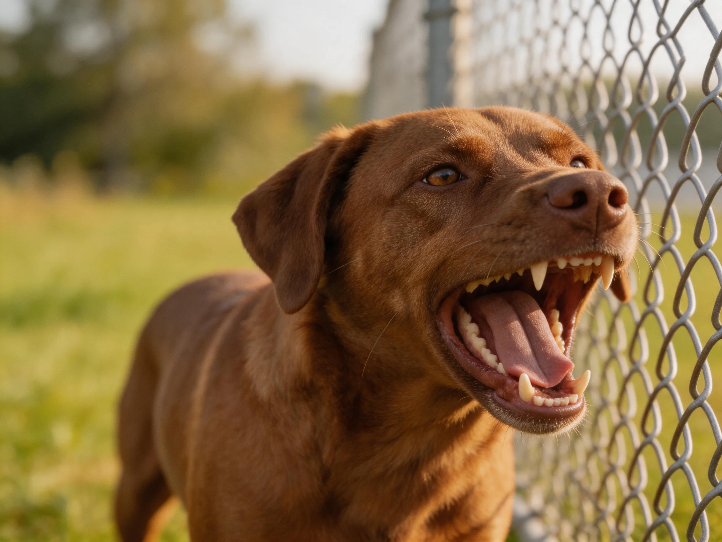 A brown dog barks near a chain-link fence in an outdoor setting