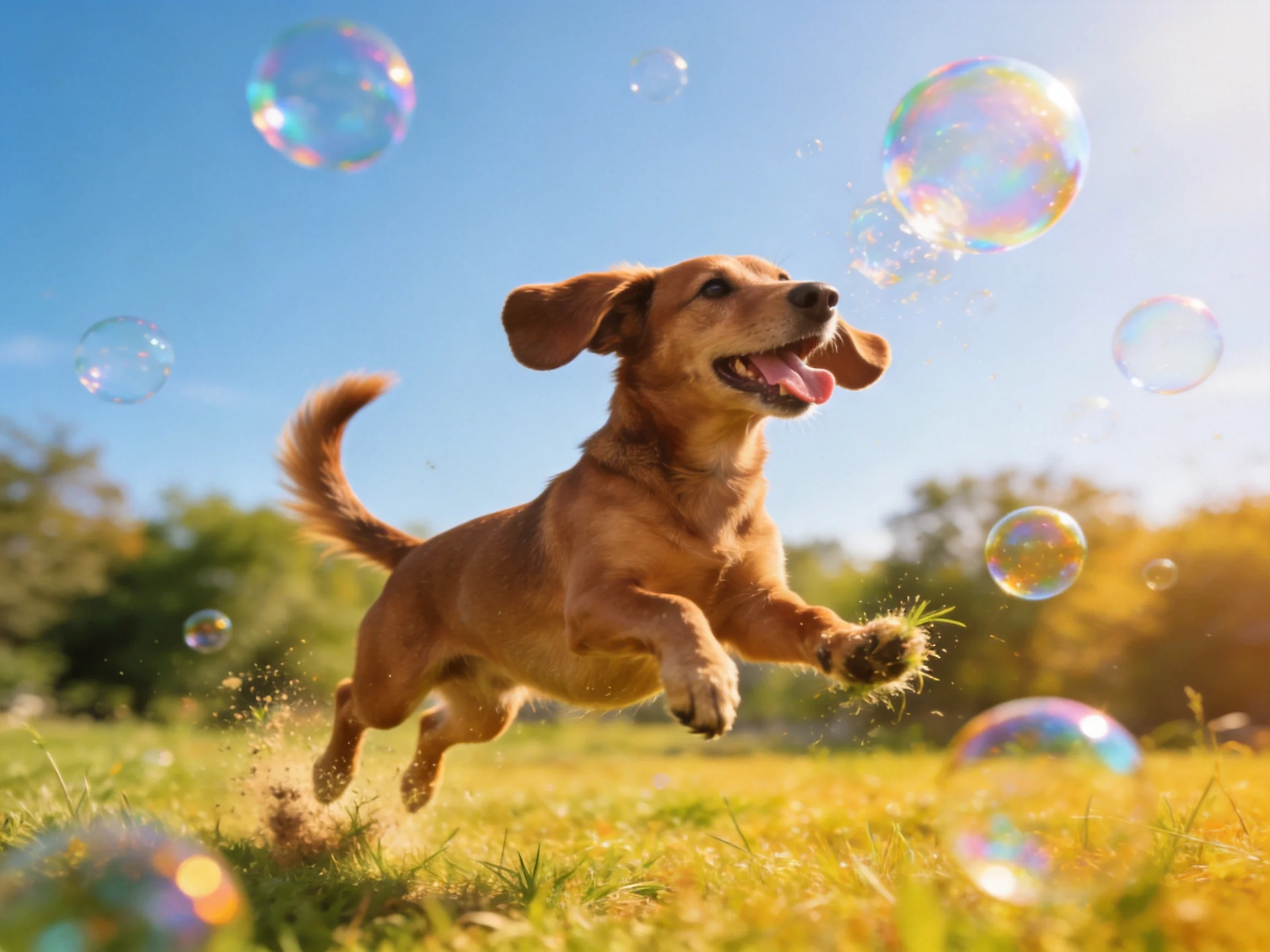 A brown dog chases colorful soap bubbles in a sunlit meadow
