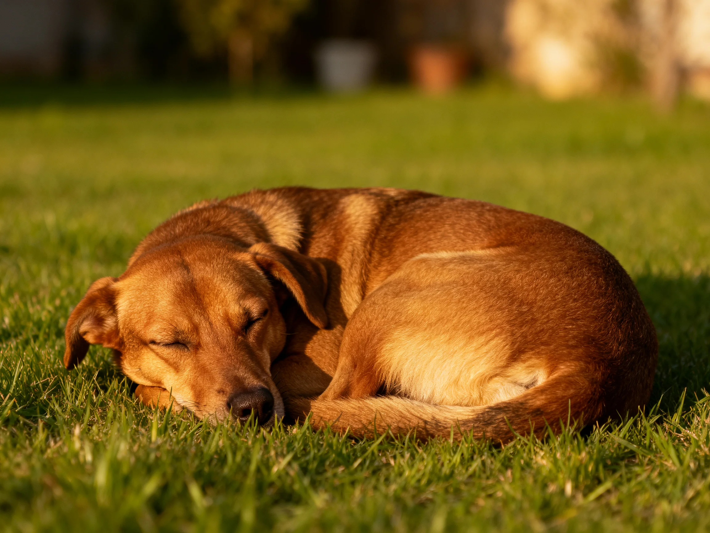 A brown dog curled up napping on lush green grass