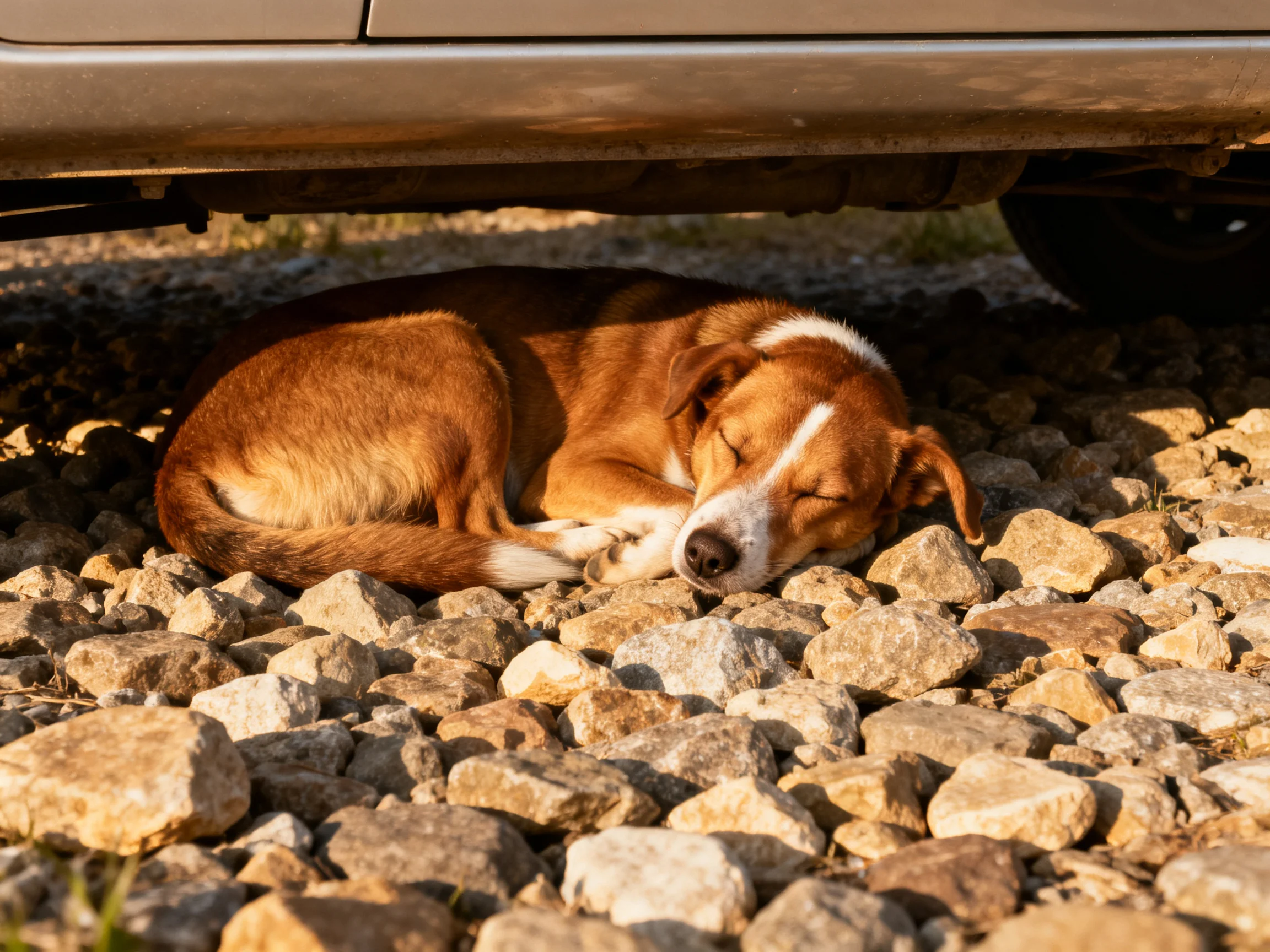 A brown dog curls asleep on gravel under a vehicle