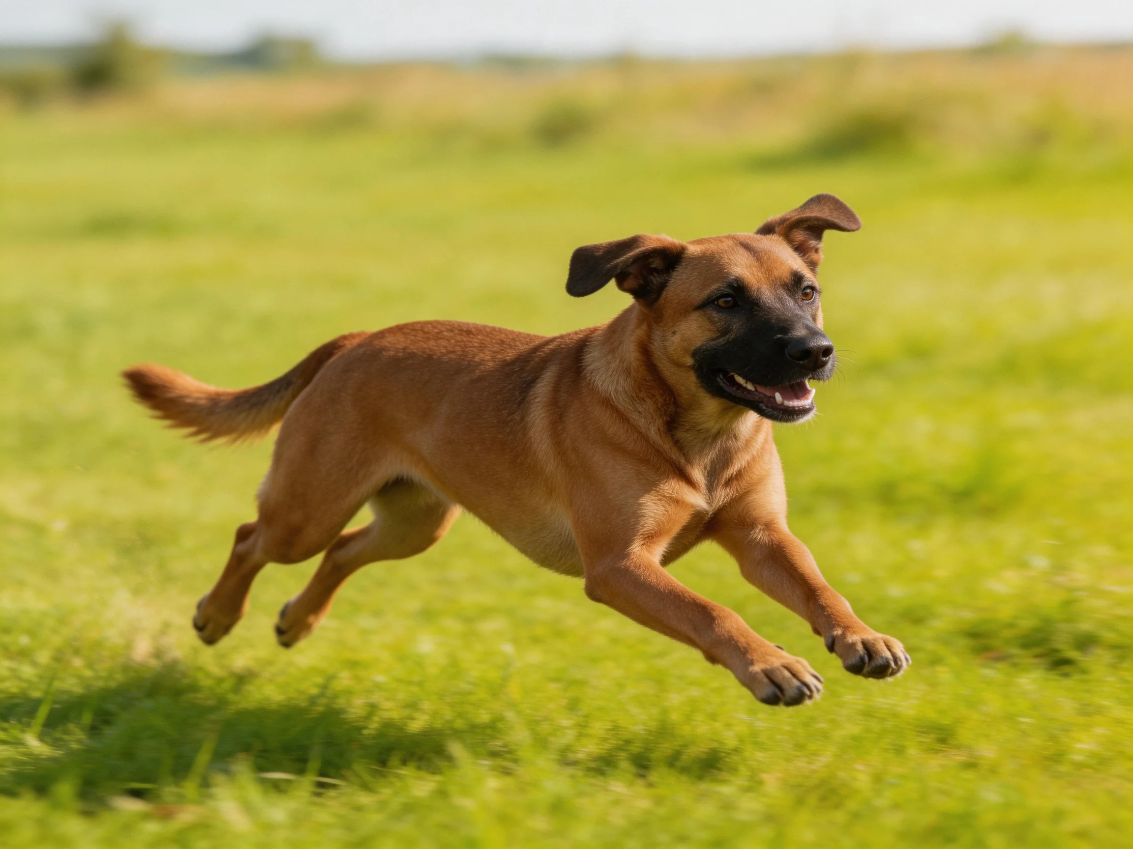 A brown dog dashes through a sunny green meadow