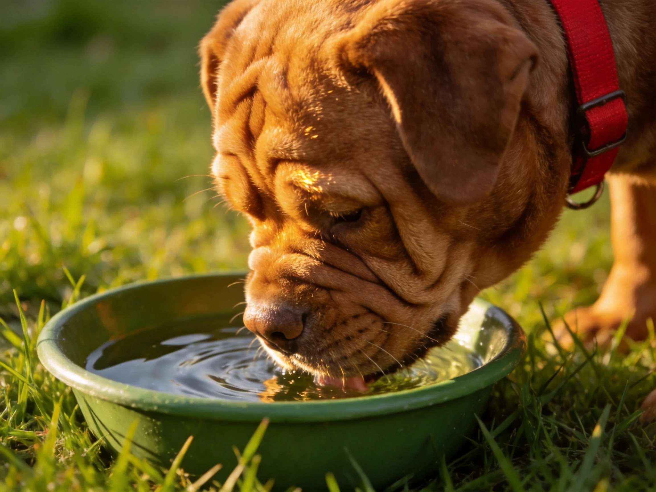A brown dog drinks water from a green bowl in an outdoor grassy area.