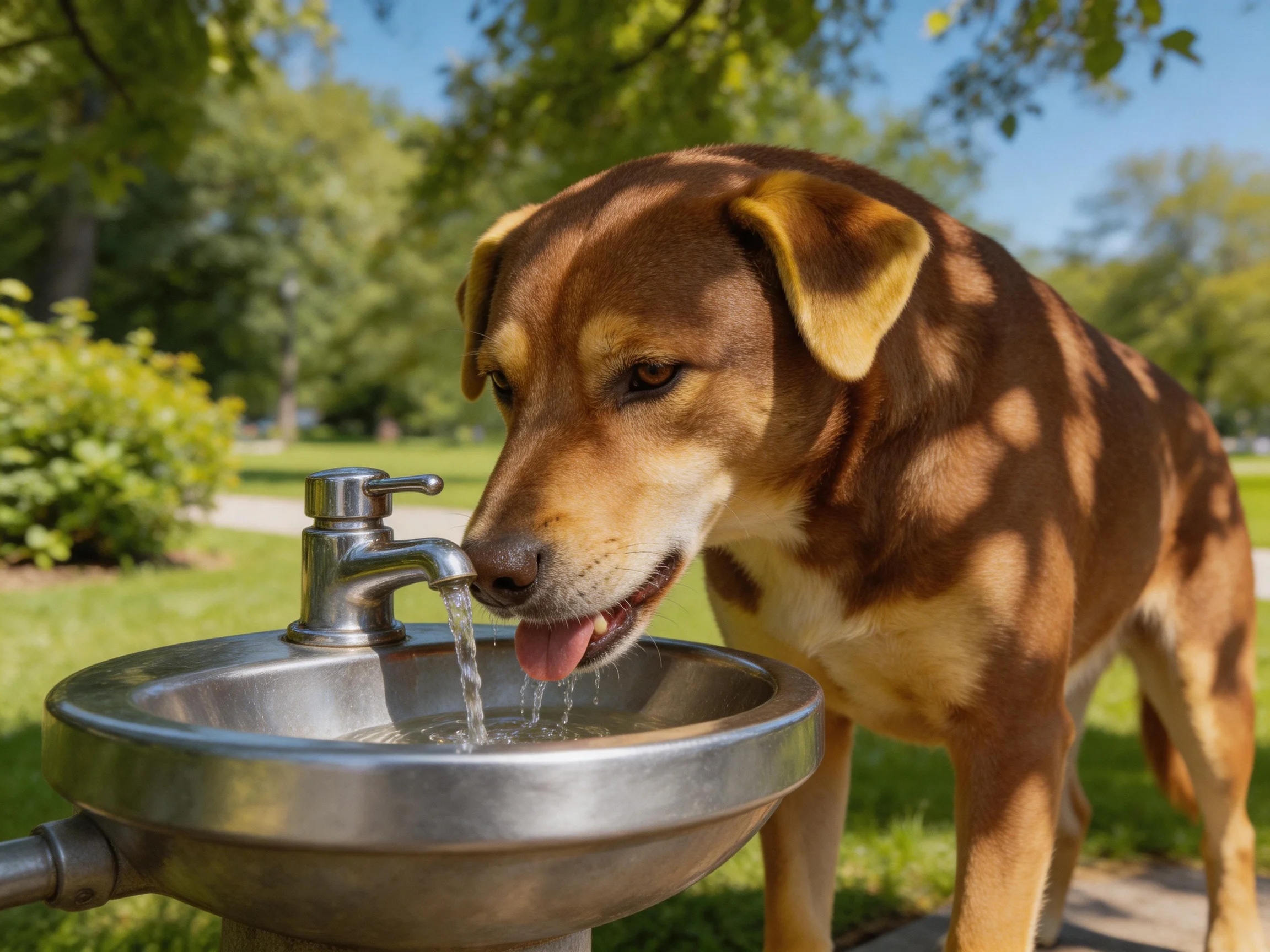 A brown dog drinks water from an outdoor stainless steel fountain