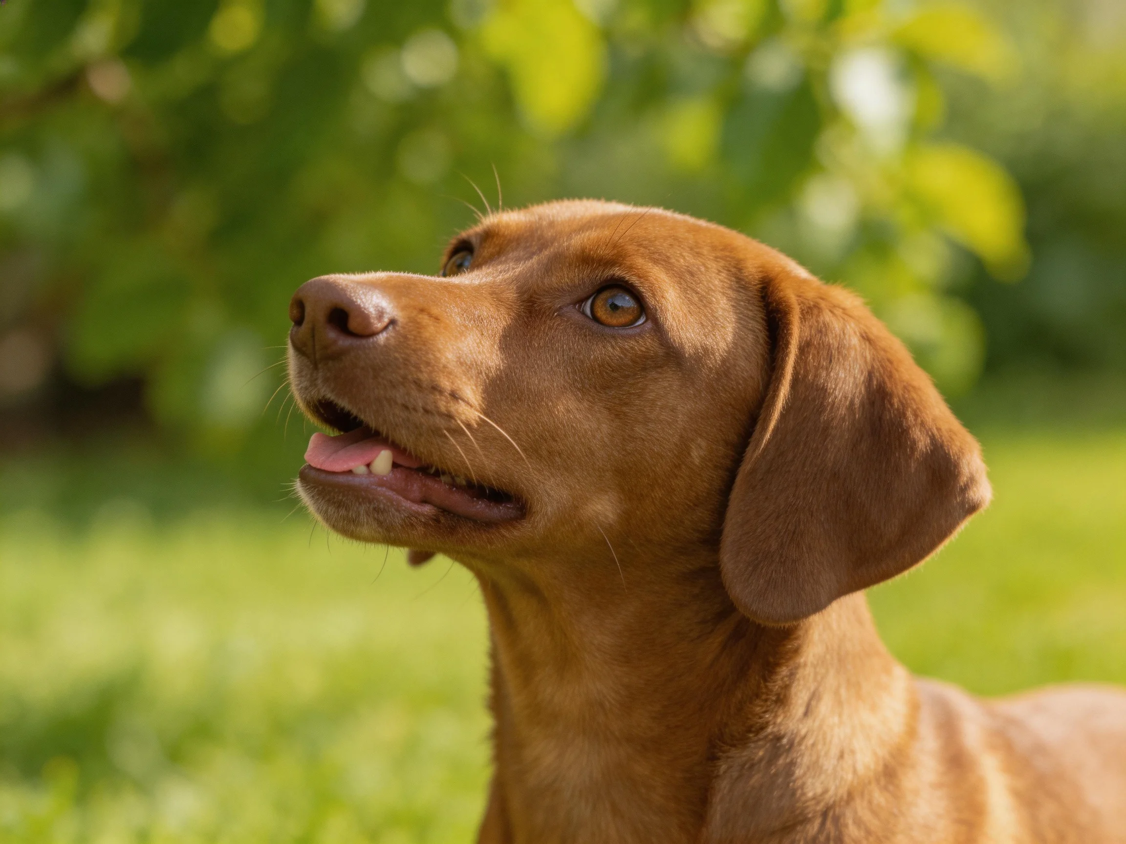 A brown dog looks upward in a sunlit green outdoor setting.