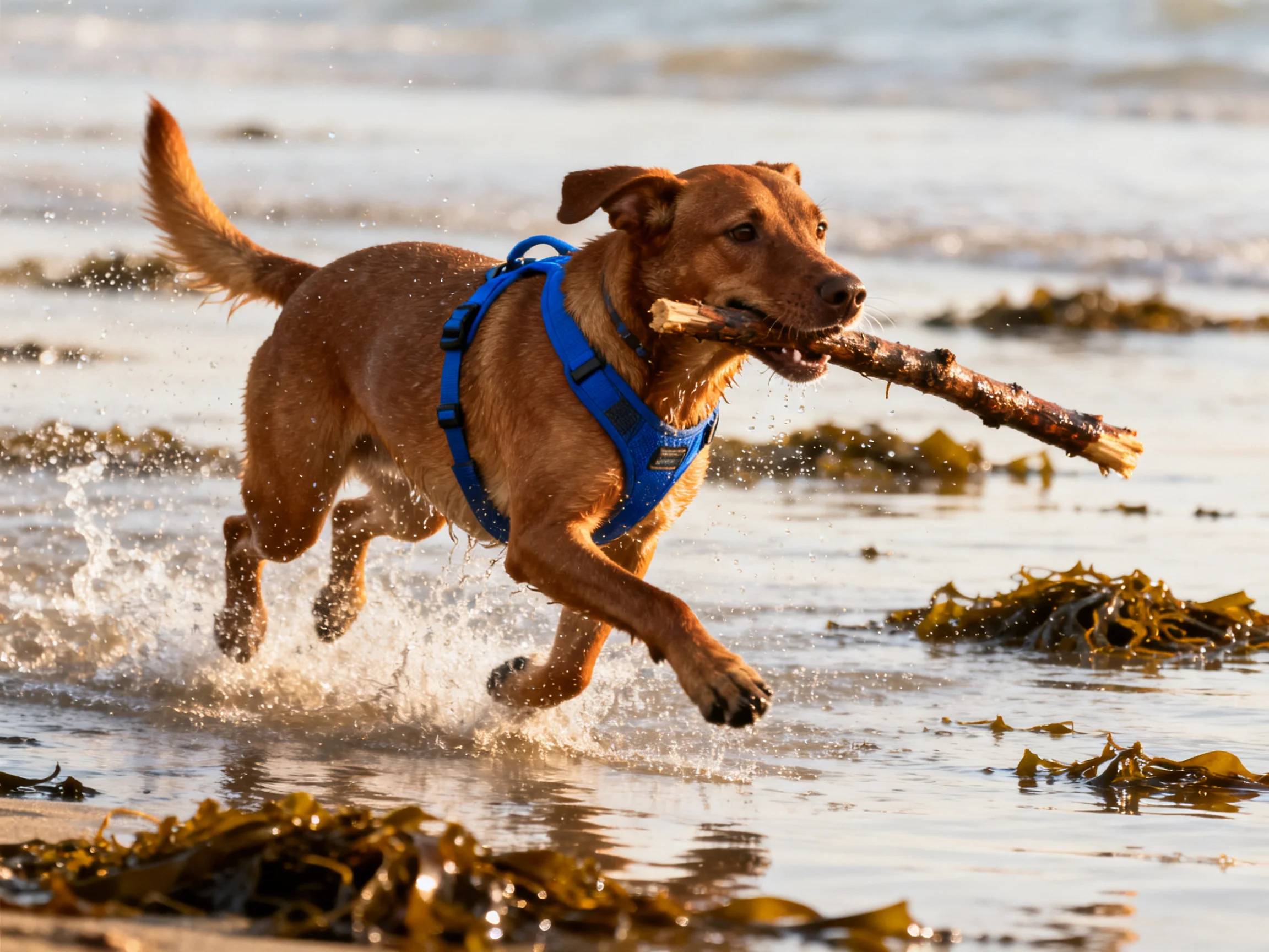 A brown dog in a blue harness carries a large stick along the shore