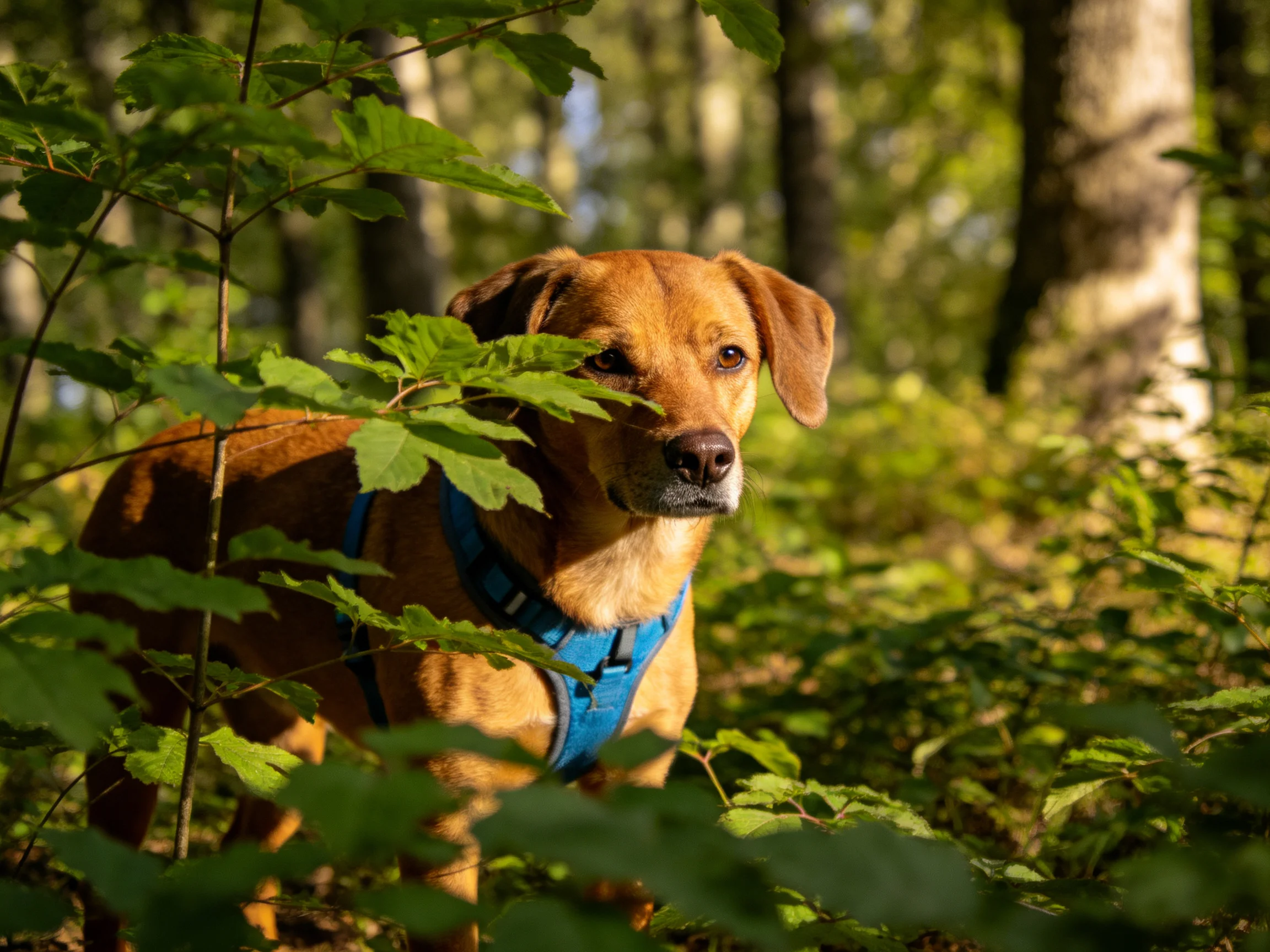 A brown dog in a blue harness explores lush greenery in a sunlit forest