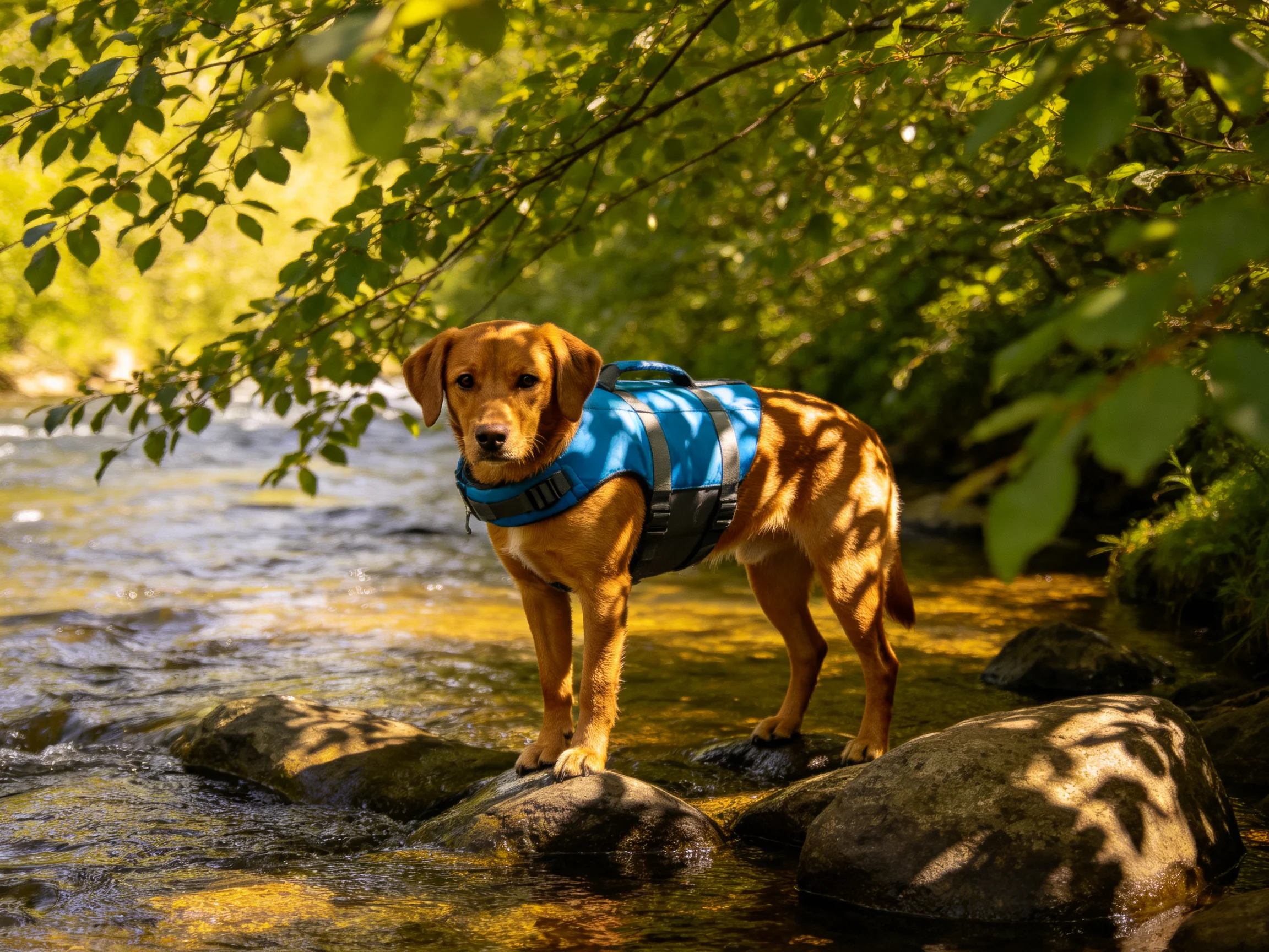 A brown dog in a blue life vest stands on rocks near a sunlit stream