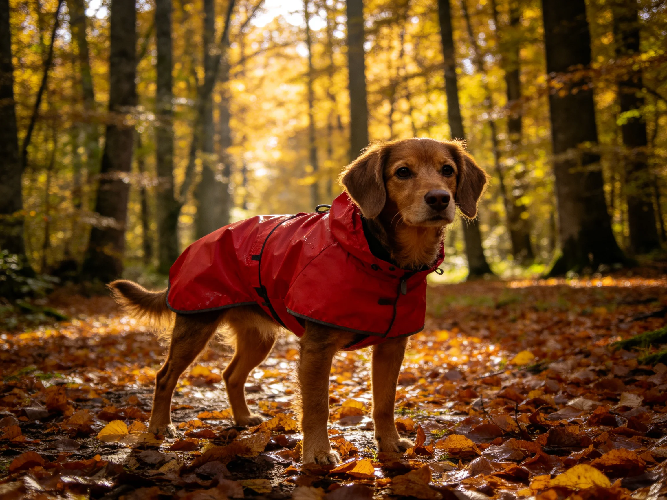 A brown dog in a bright red raincoat amid fallen autumn leaves