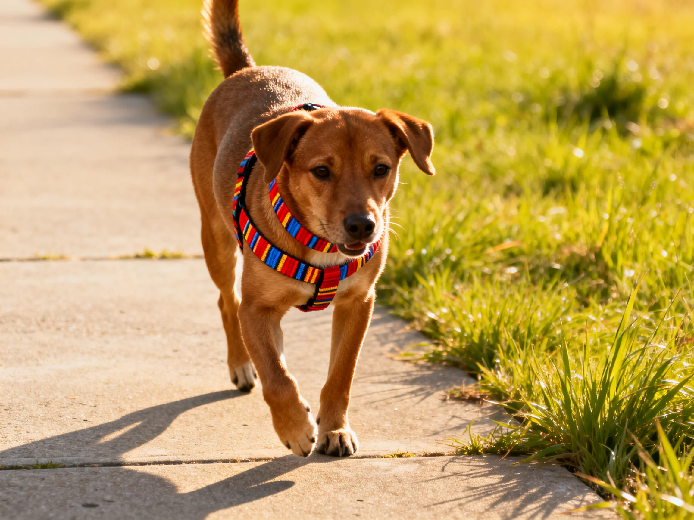 A brown dog in a colorful striped harness walks on a sunlit sidewalk