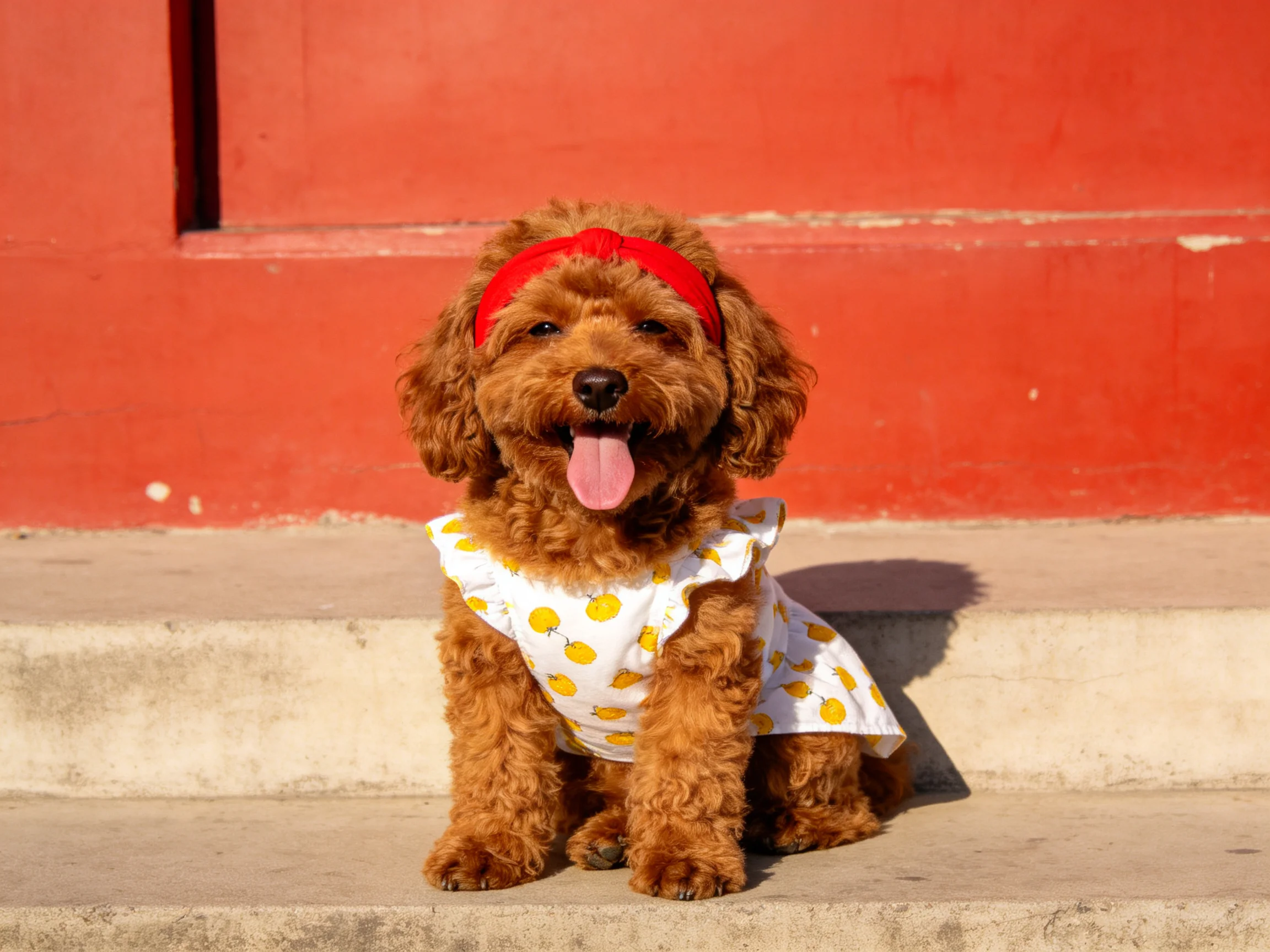 A brown dog in a polka dot dress and red headband sits on concrete steps near a red wall