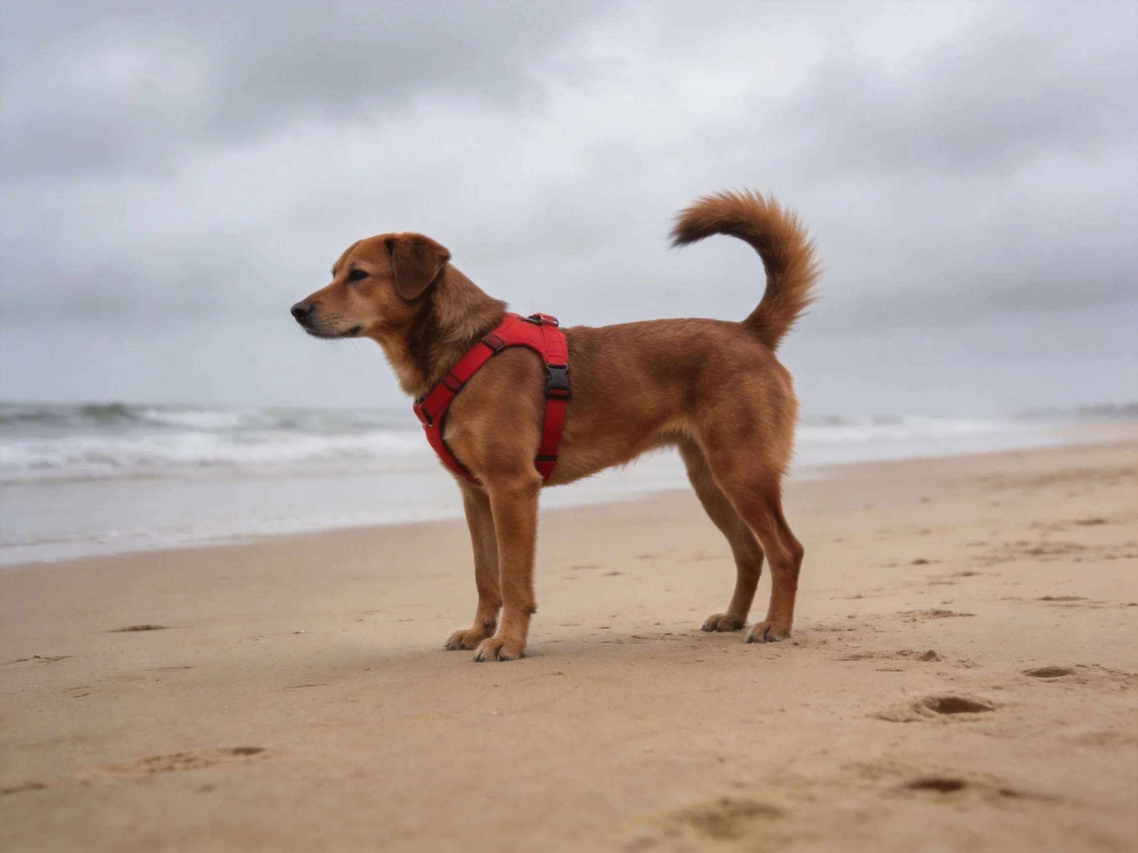 A brown dog in a red harness stands on a sandy beach with the ocean behind