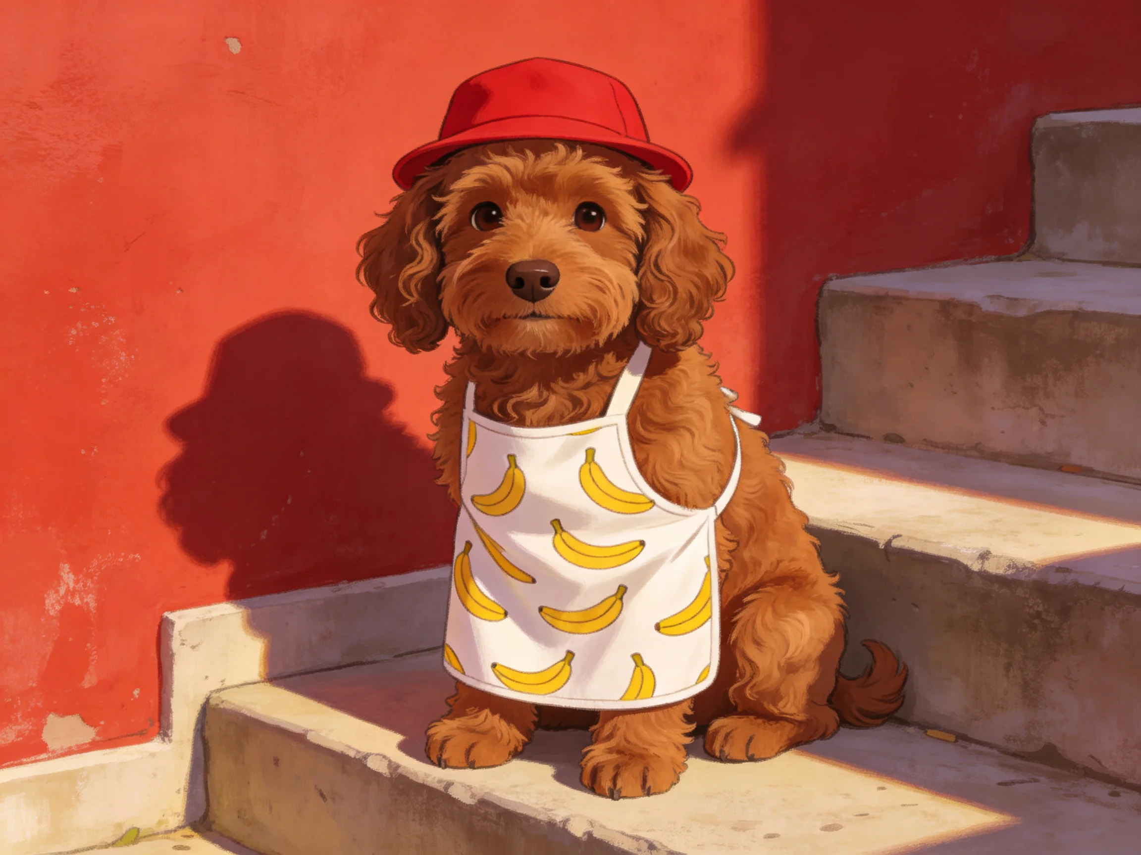 A brown dog in a red hat and banana apron sits on stone steps