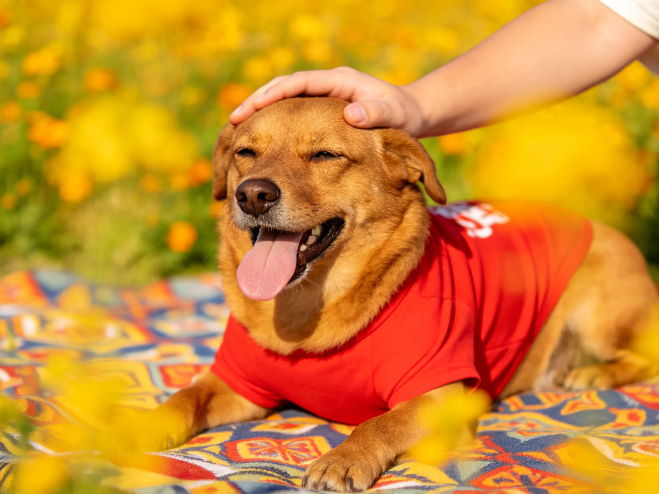 A brown dog in a red shirt rests on a patterned blanket amid yellow flowers