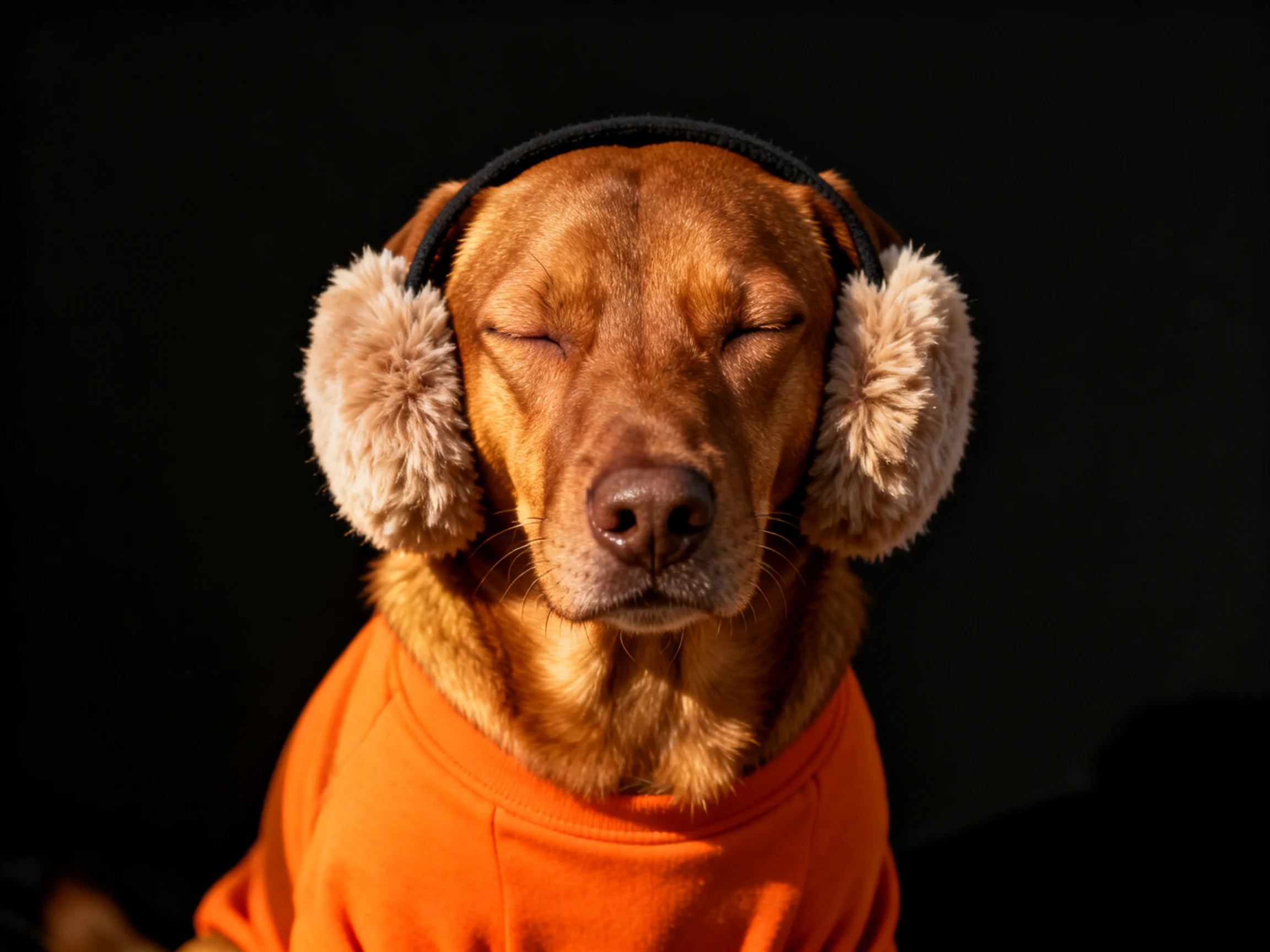 A brown dog in an orange shirt wears fuzzy earmuffs
