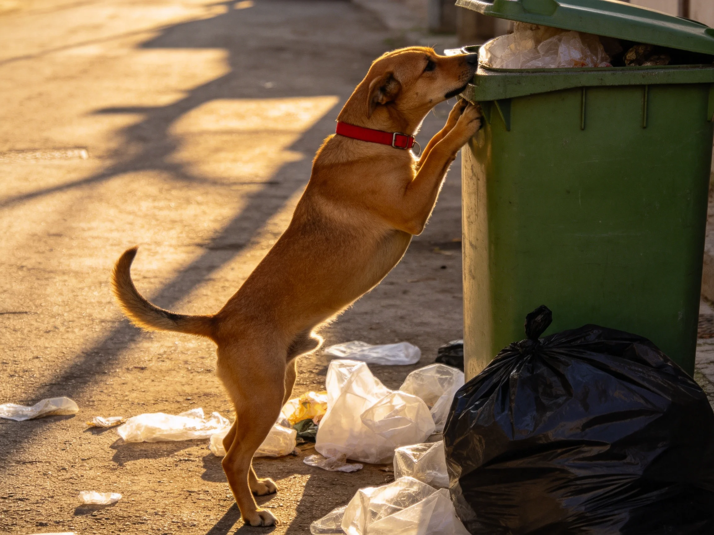 A brown dog investigates a green trash bin amid scattered plastic waste