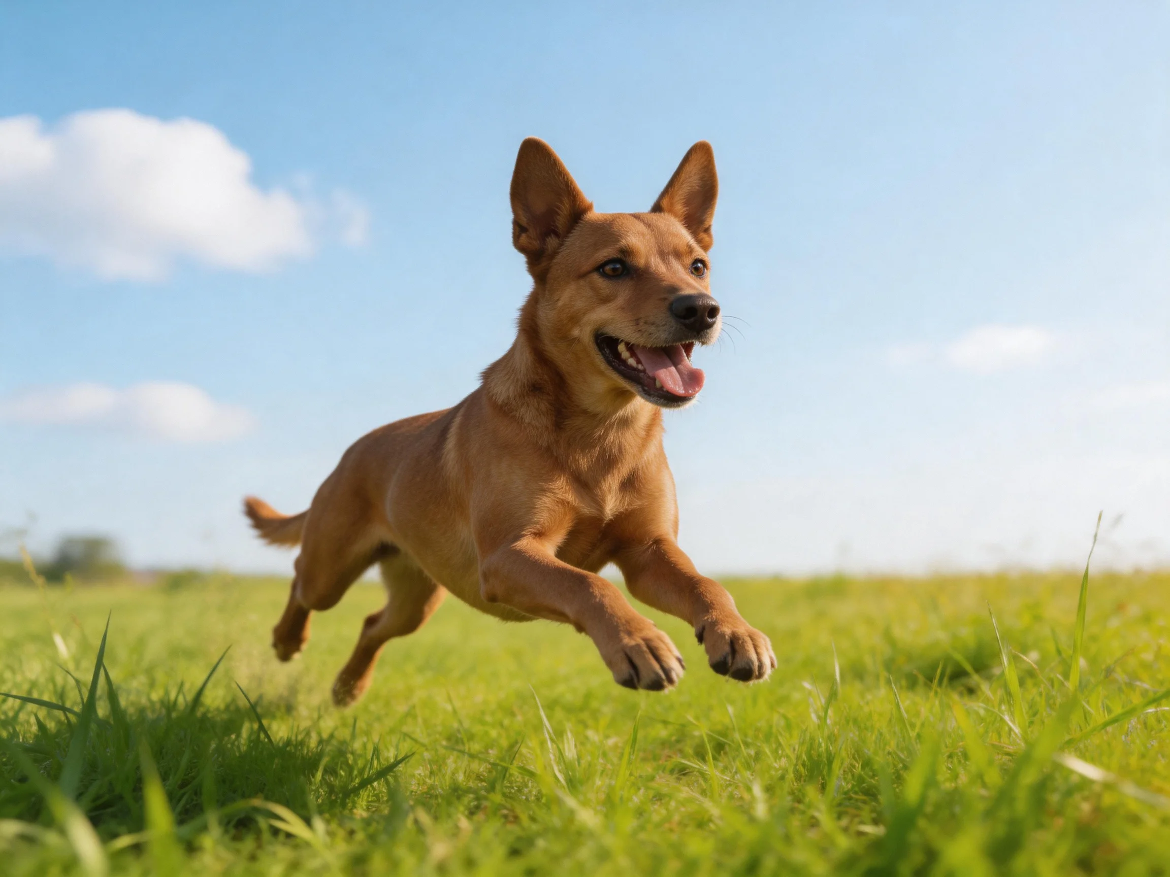 A brown dog joyfully leaps over a lush green meadow under bright blue skies