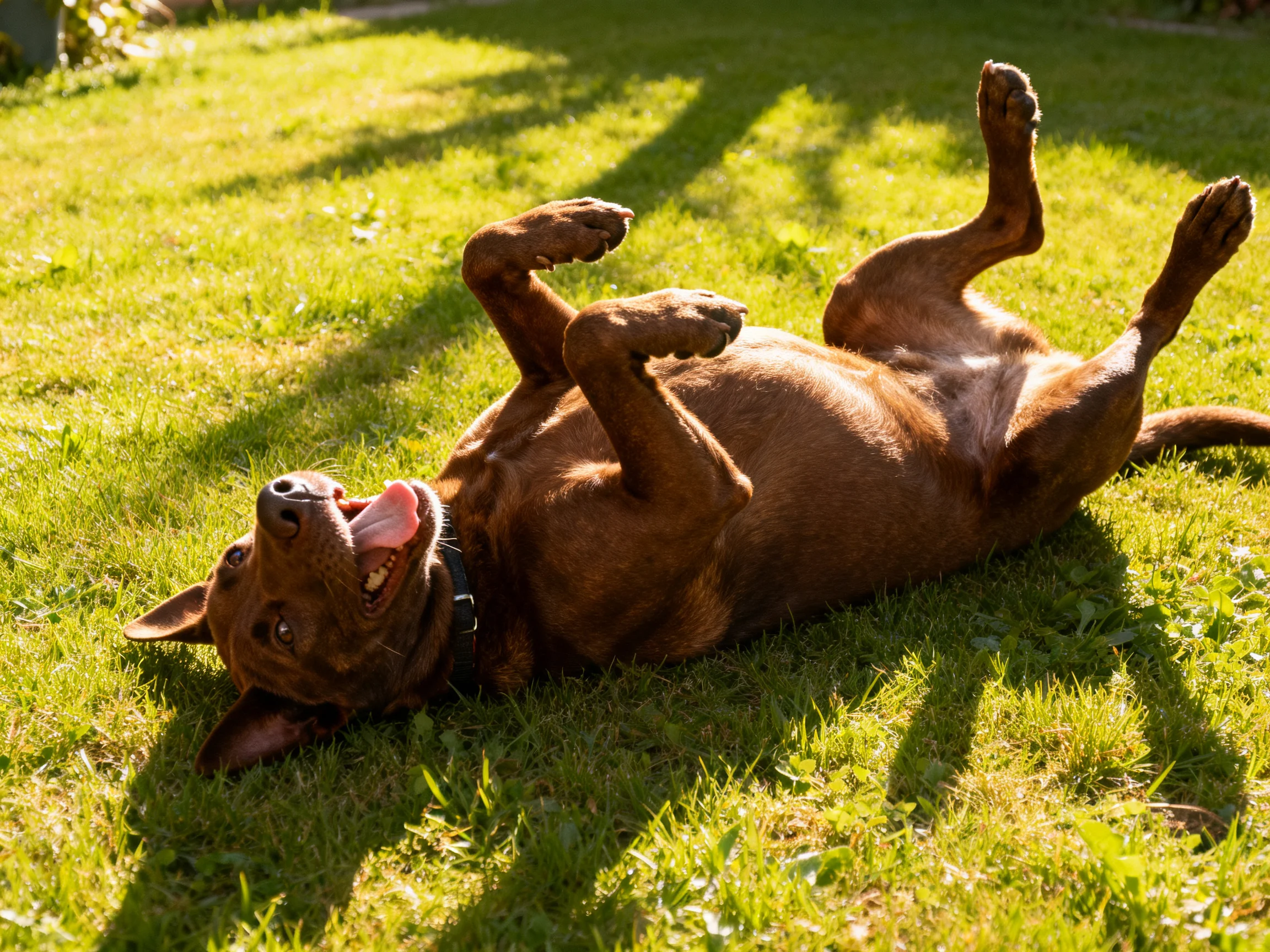A brown dog joyfully rolls on sunlit green grass