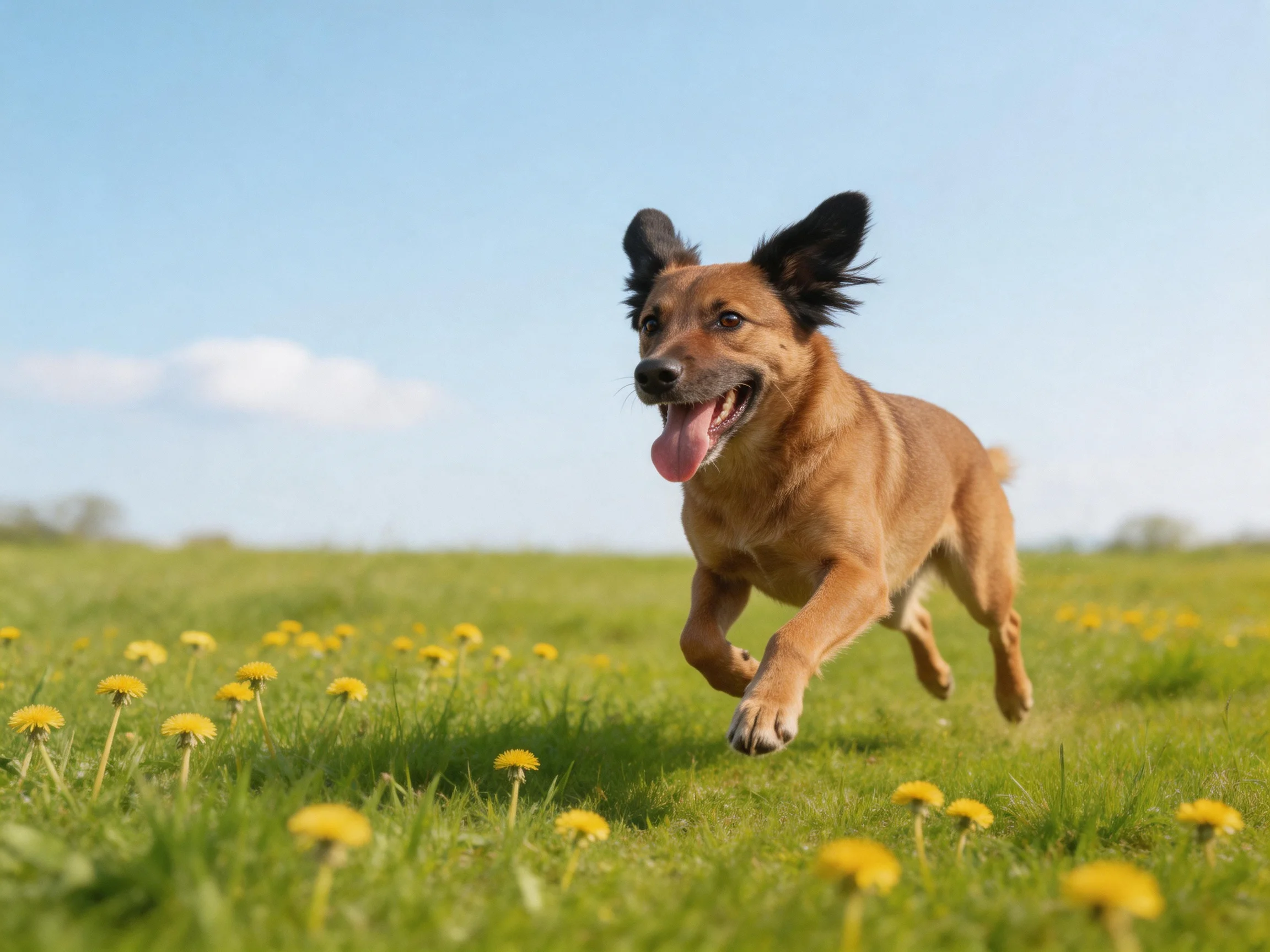 A brown dog joyfully runs through a field of yellow dandelions