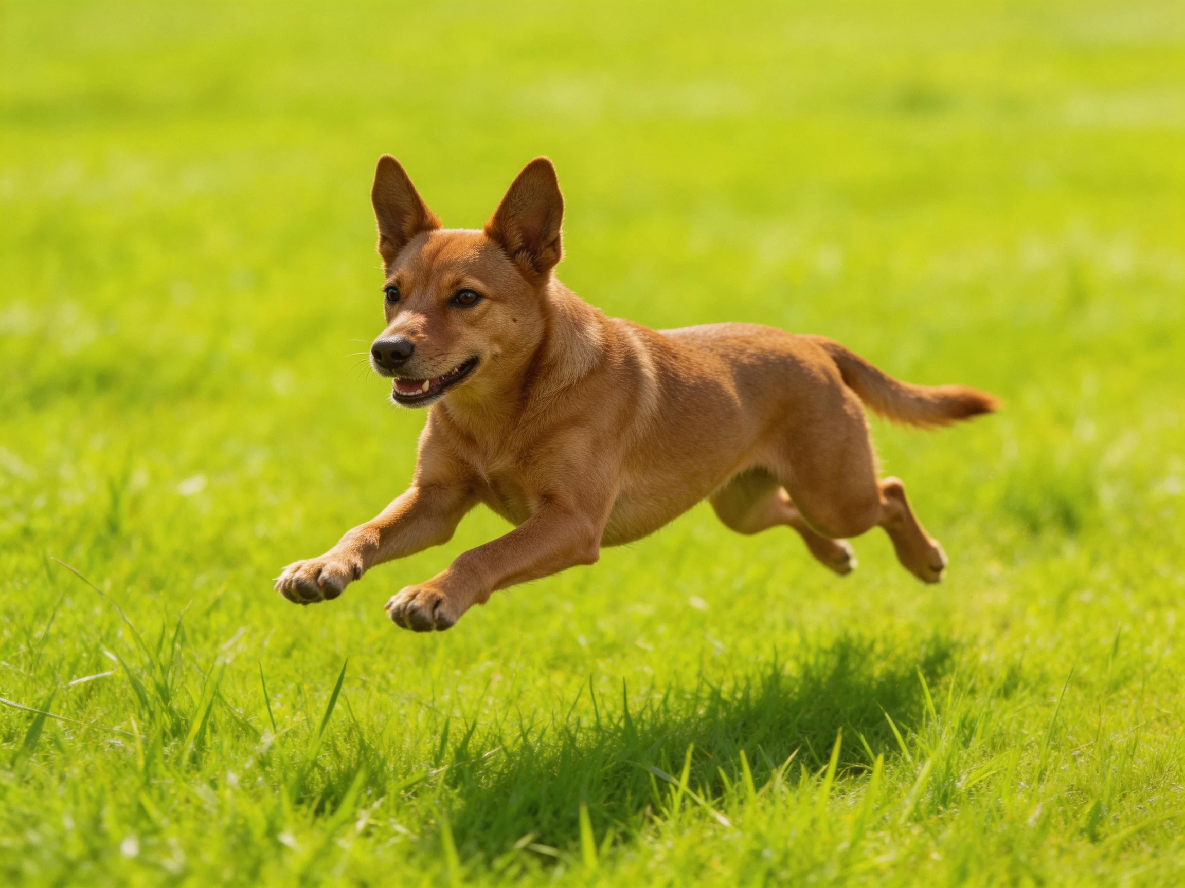 A brown dog leaps energetically over bright green grass