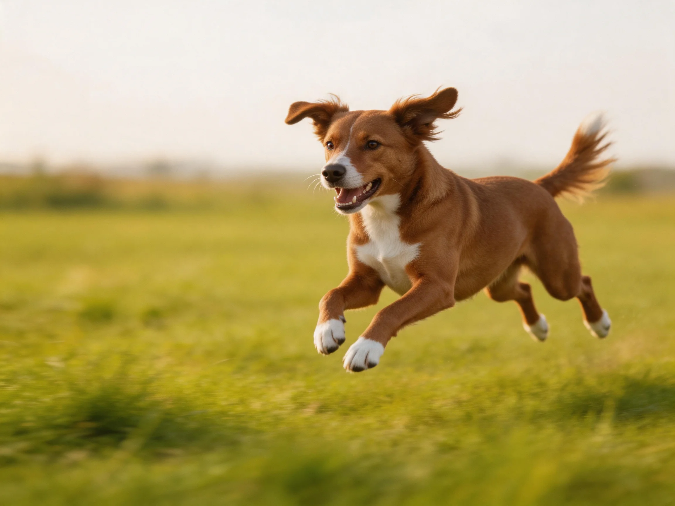 A brown dog leaps joyfully through a sunlit green meadow