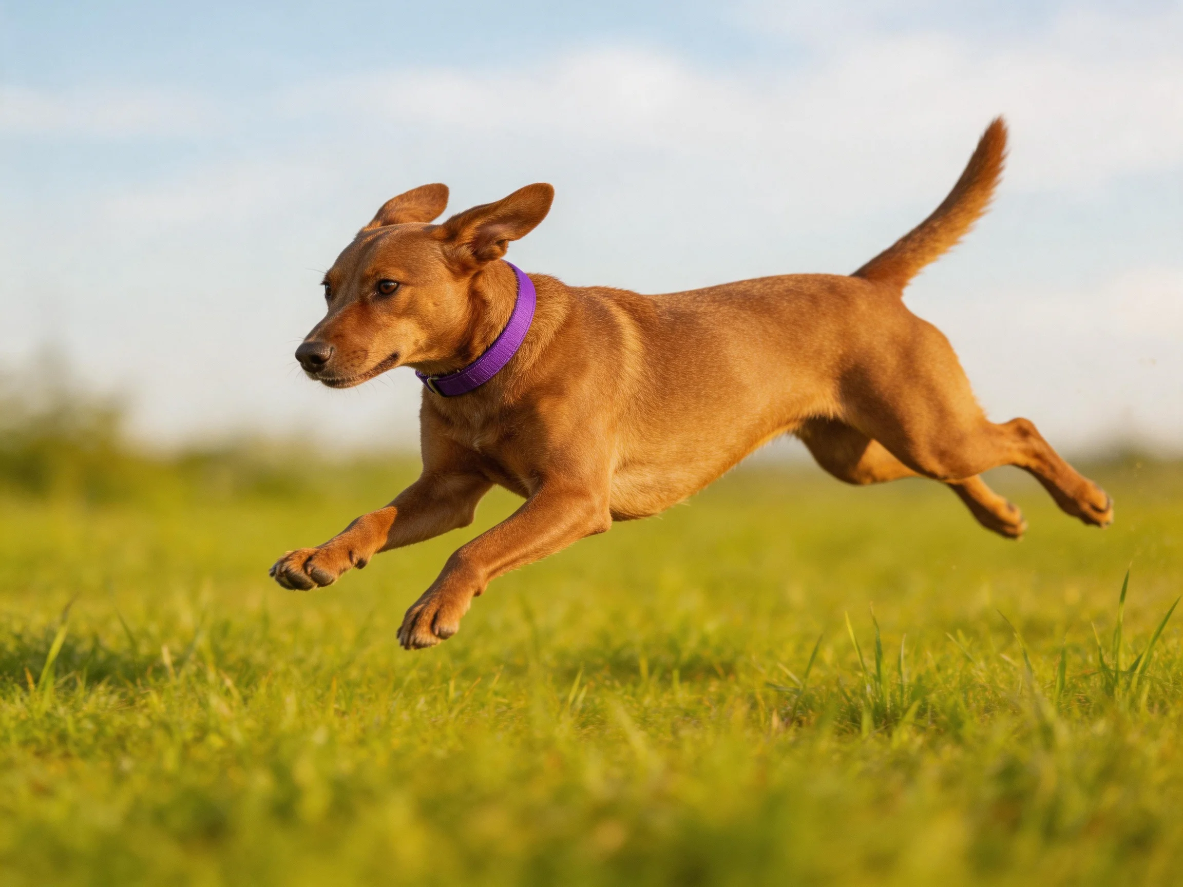 A brown dog leaps over grass in a sunlit open field.