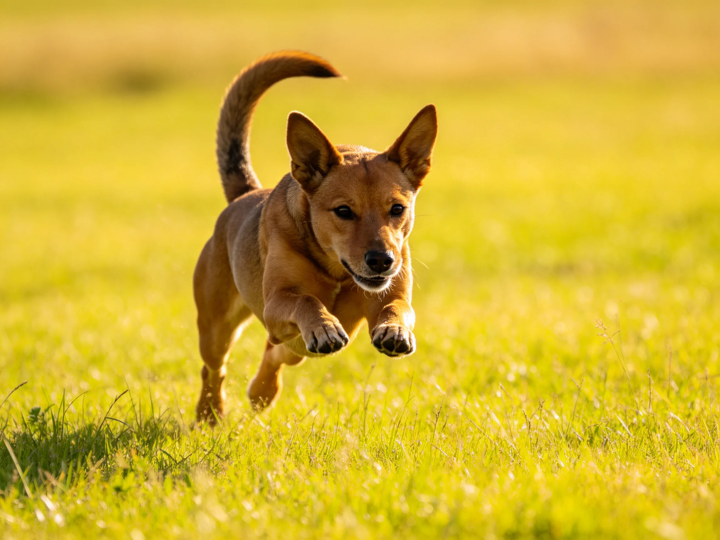 A brown dog leaps energetically across a sunlit grassy field.