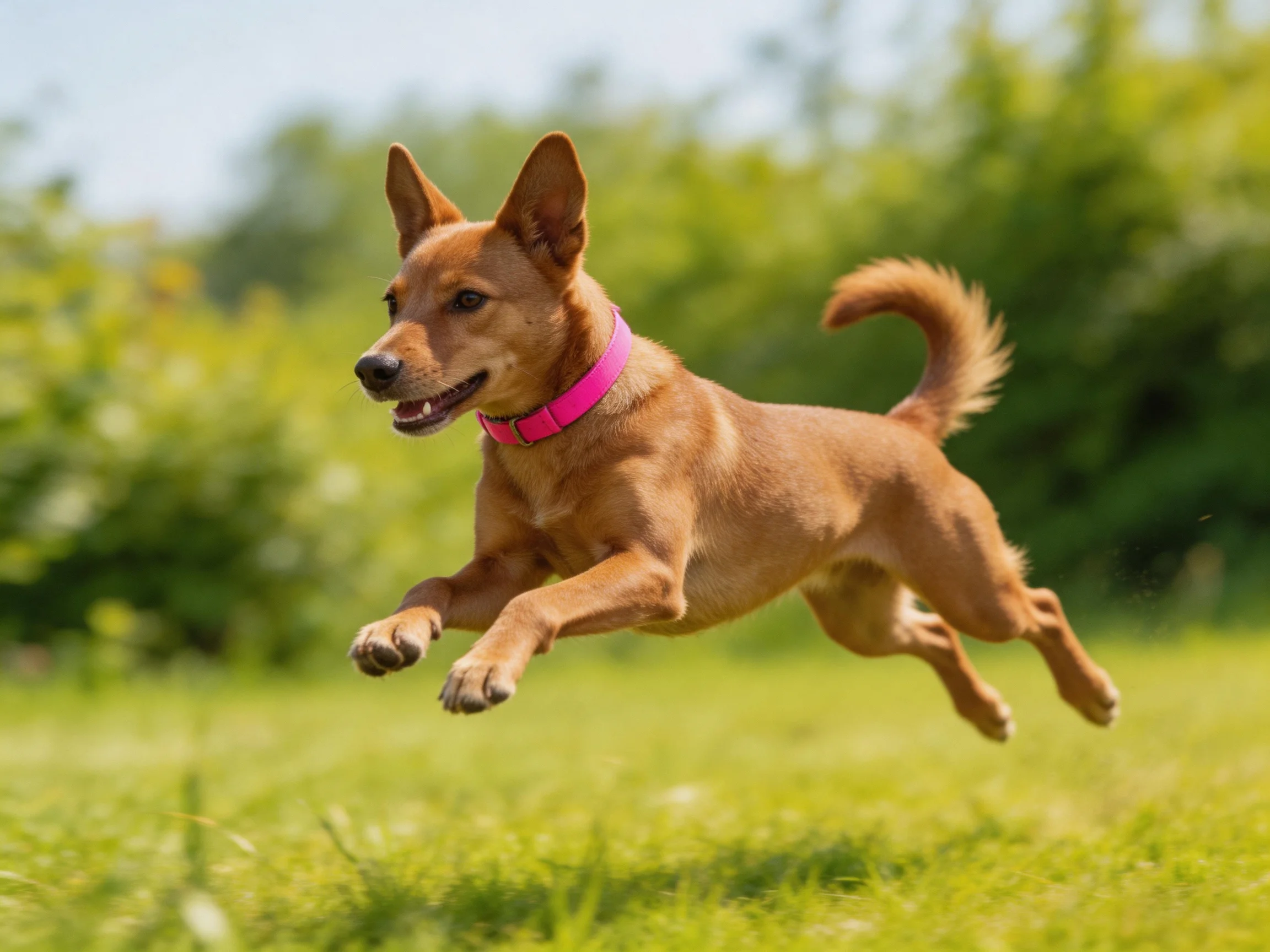 A brown dog leaps through a sunny green meadow witha bright pink collar