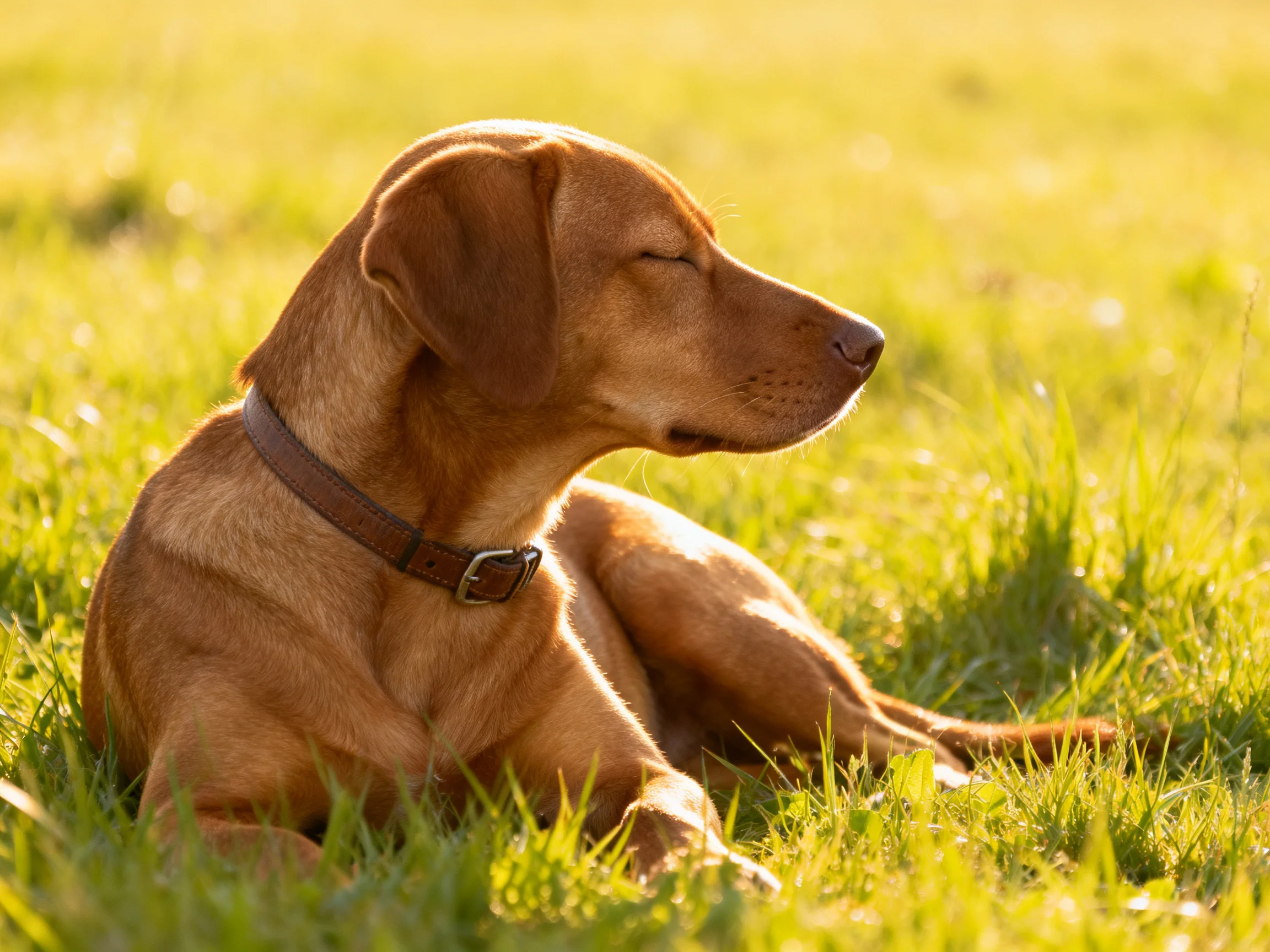 A brown dog lies on lush green grass in warm sunlight