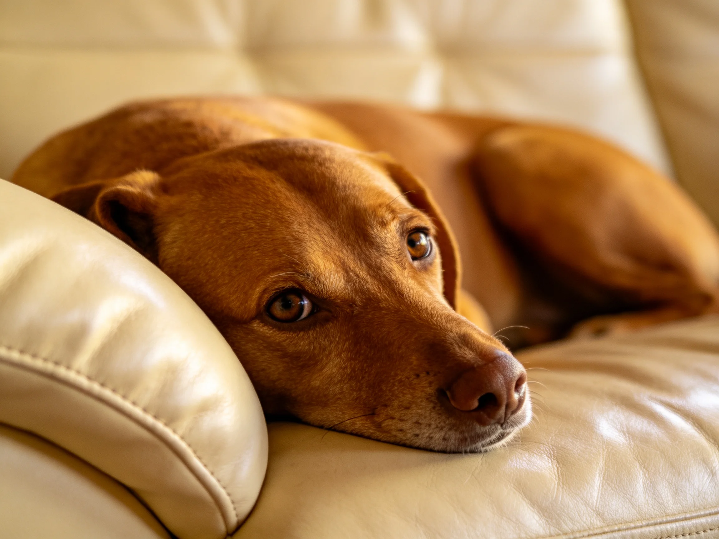 A brown dog rests on a cream leather sofa.