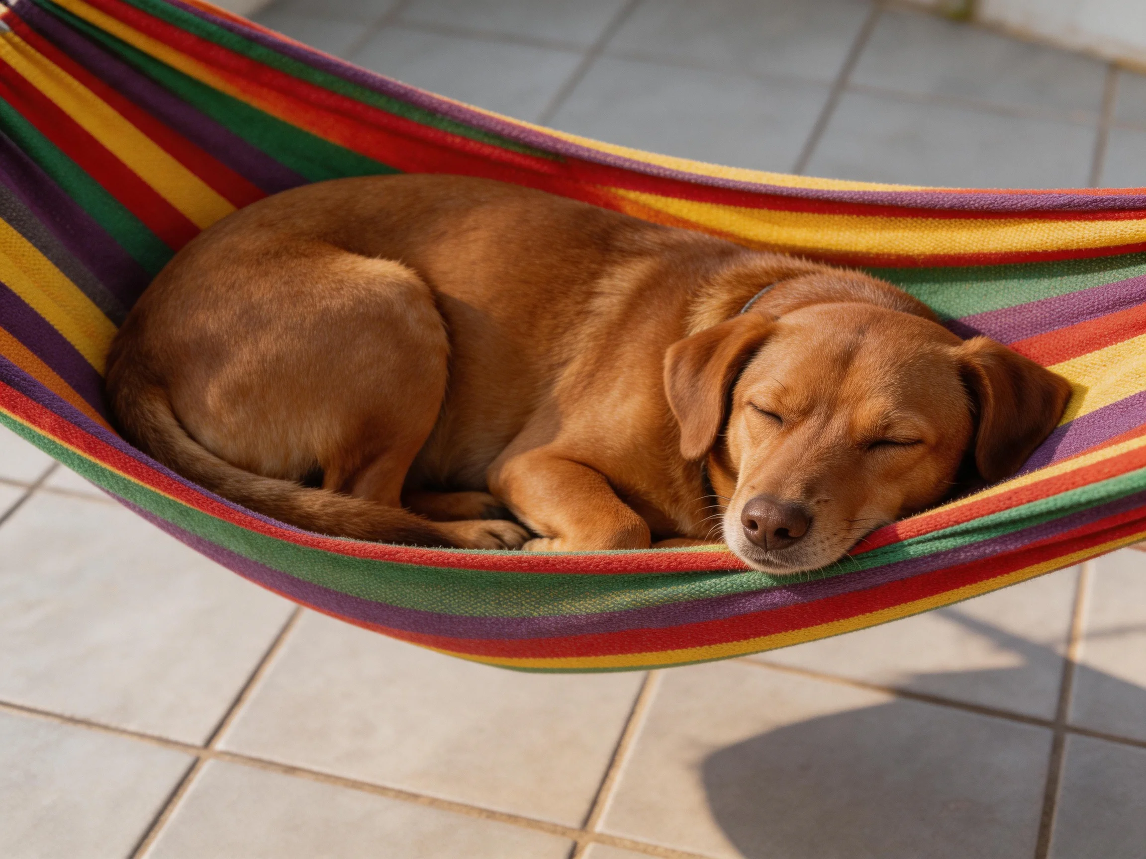 A brown dog sleeps in a colorful hammock.