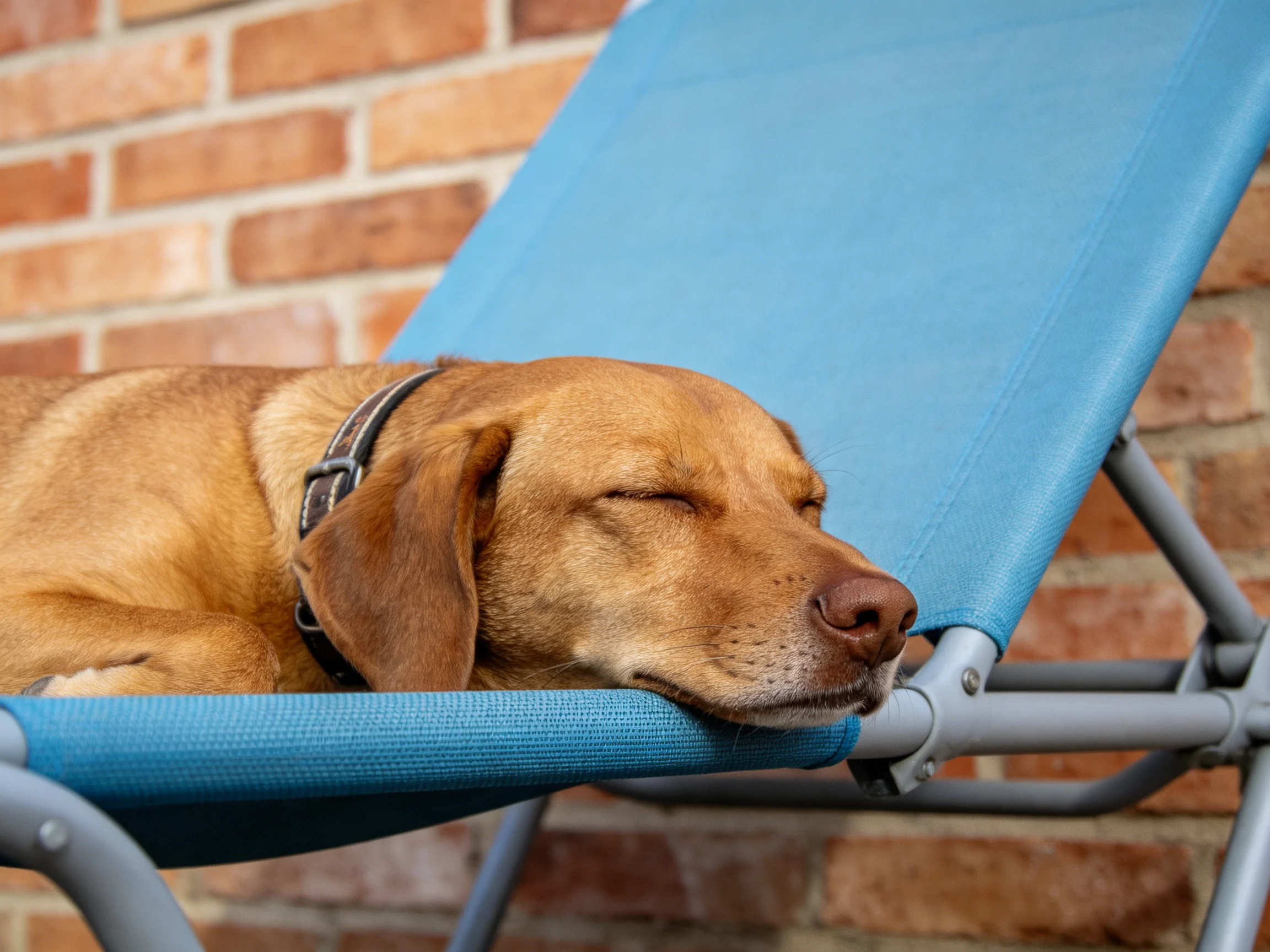 A brown dog naps on a blue lounge chair next to a brick wall